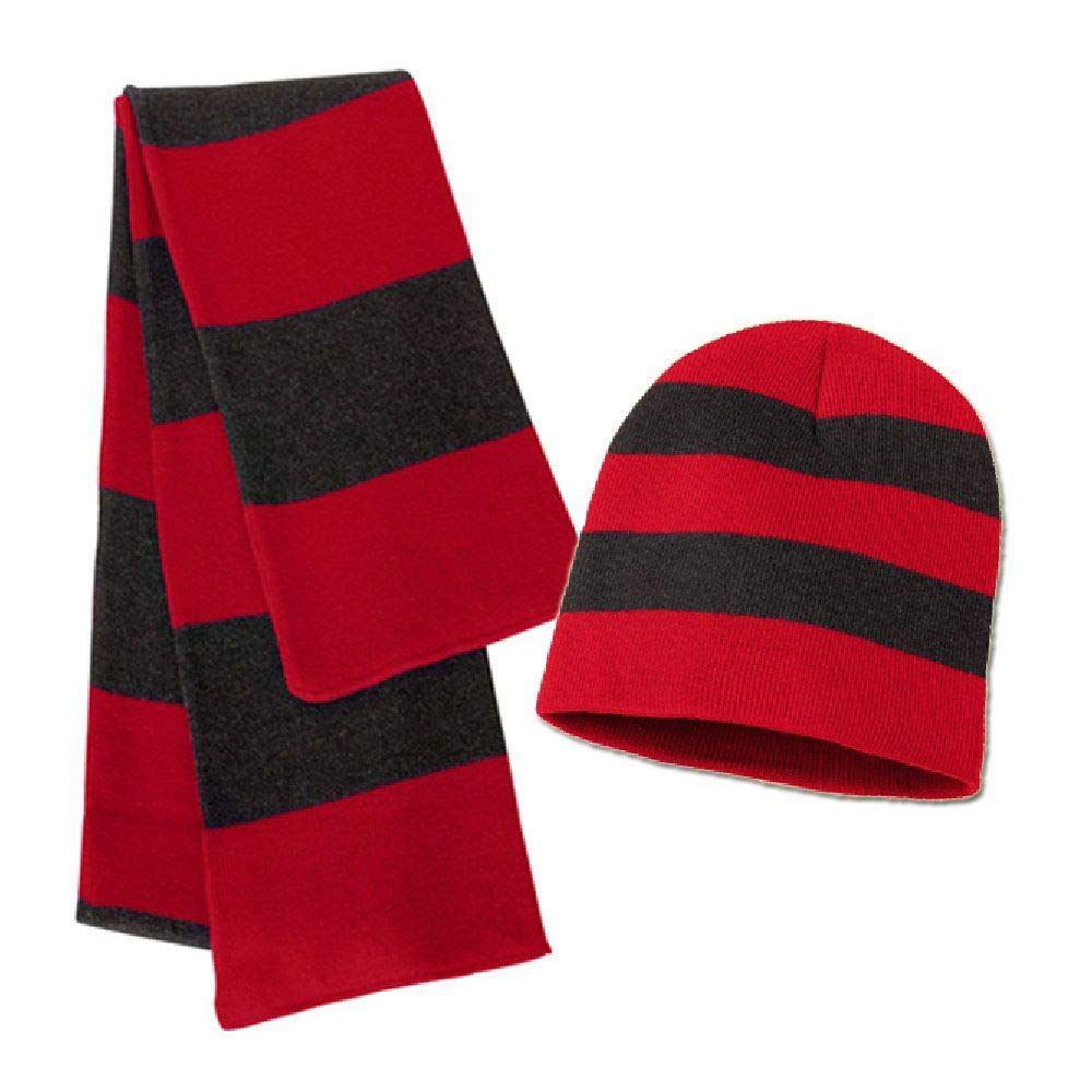 Unisex Rugby Stripe Scarf & Beanie Winter Set - Warm Knit Hat & Neck Warmer for Men & Women - Perfect for College Games, Skiing & Outdoor Winter Activities