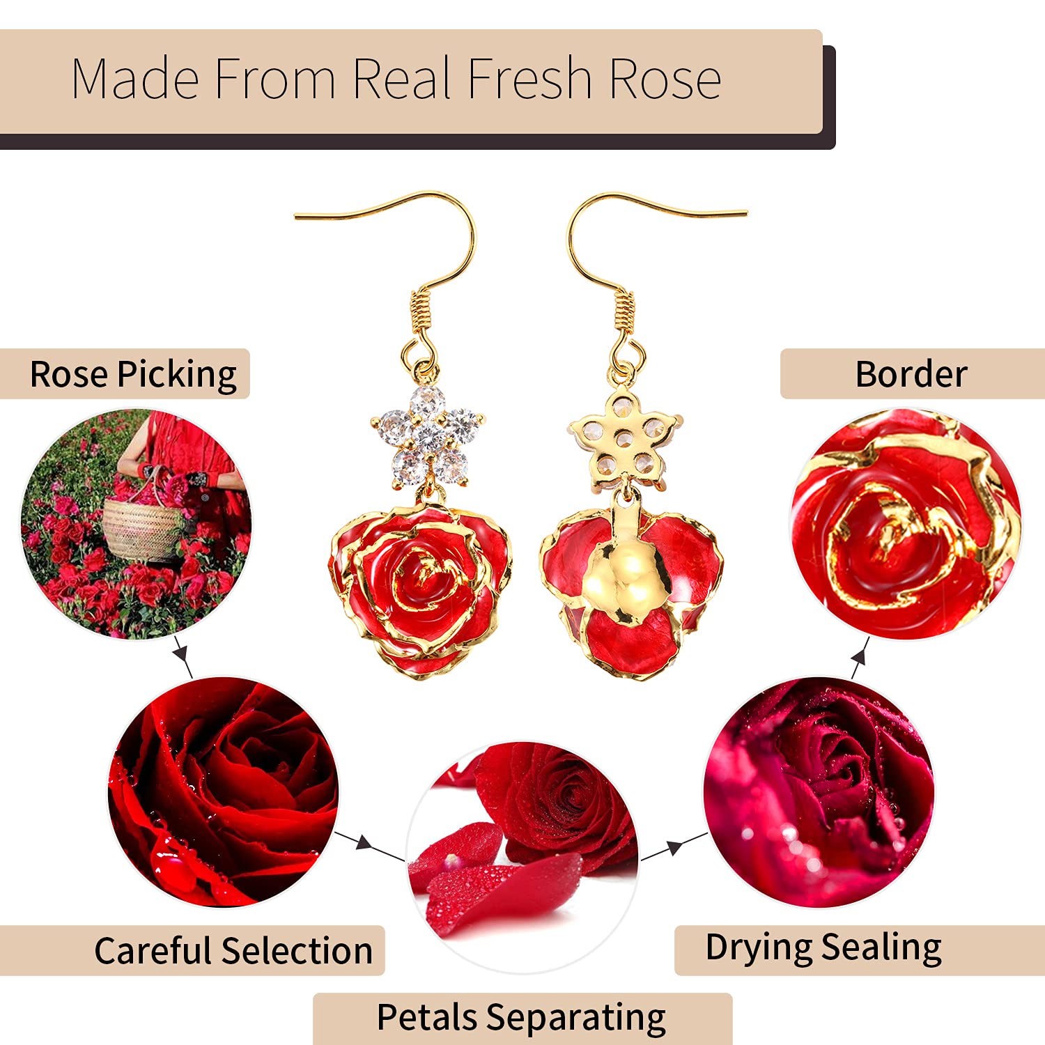 24K Gold Dipped Rose Earrings for Women - Elegant Fashion Jewelry Gift for Girlfriend, Wife, Mom on Valentine's Day, Anniversary, Birthday - Perfect for Romantic Dates, Weddings and Special Occasions