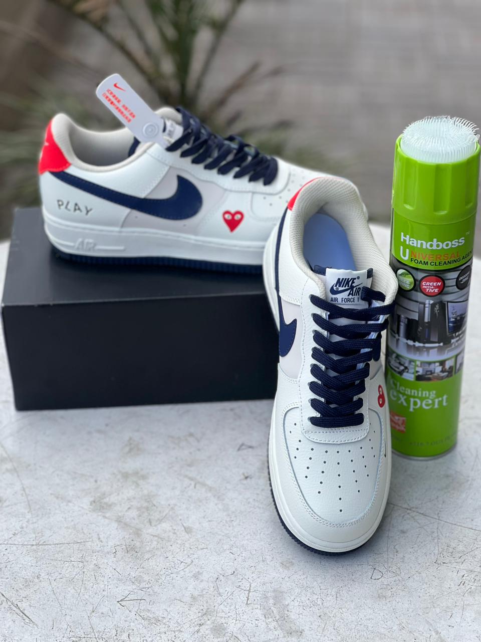 Nike Air Force 1 Low White & Navy Comme des Garçons PLAY Sneakers - Men's Casual Shoes for Streetwear & Everyday Fashion