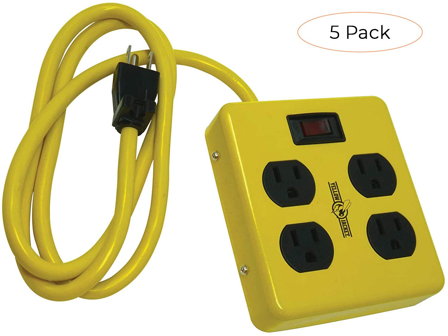 Yellow Jacket 2177N Heavy Duty Metal Power Strip with 4 Outlets & LED Switch - 4ft Extension Cord (5 Pack) - Perfect for Workshops, Garages & Home Offices
