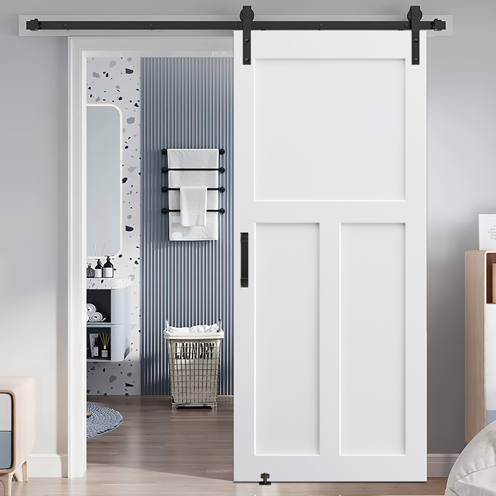 28' x 84' CRAZY ELF Primed 'T' Style Solid Wood Door Slab with 6.6FT Barn Door Sliding Hardware Kit - Includes Adjustable Floor Guide & Pull Handle - Unfinished DIY Paneled Interior Door - Moisture Resistant for Modern Farmhouse, Bedroom, or Closet Installation
