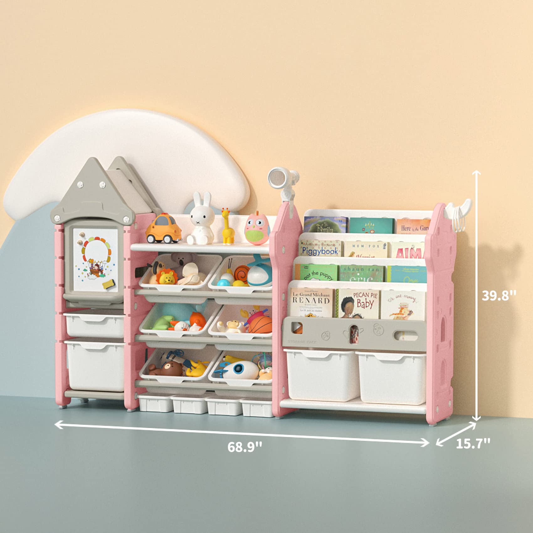 UNICOO Kids Toy Storage Organizer with 14 Bins & Pull-Out Drawers - Multifunctional Bookshelf for Toddlers to Organize Toys, Books, Clothes (Pink Magic Castle Design) - Perfect for Nursery, Playroom & Bedroom Organization