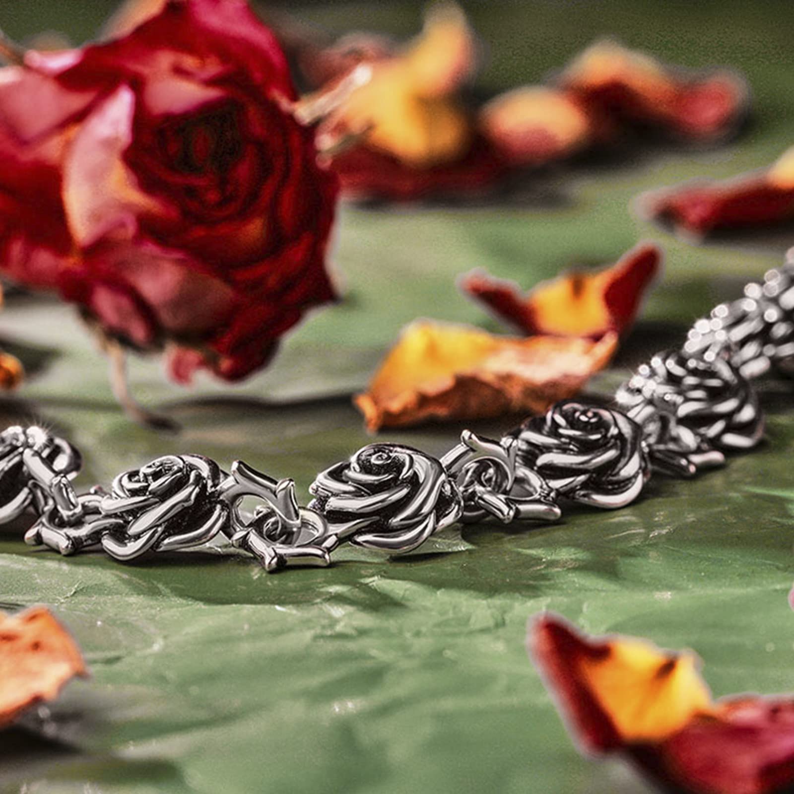 Jeulia Sterling Silver Rose Flower Charm Bracelet for Women & Teens - Elegant Jewelry Gift for Wedding, Anniversary, Birthday, Promise | Gothic & Retro Style with Gift Box - Perfect for Romantic Occasions & Everyday Wear