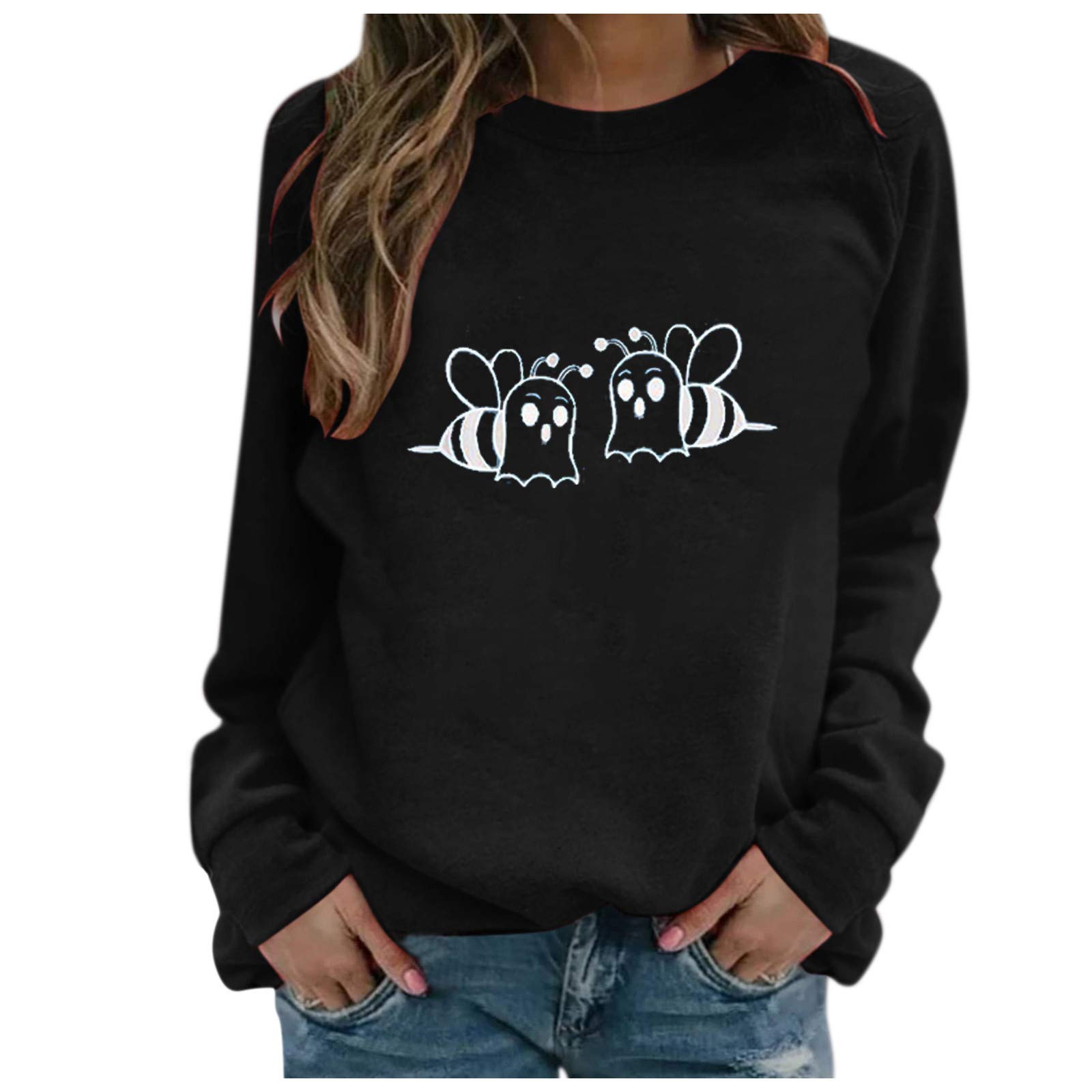 GuGsi Women's Long Sleeve Printed T-Shirt - Bee Graphic O-Neck Casual Blouse Top for Everyday Wear, Work & Weekend Outings