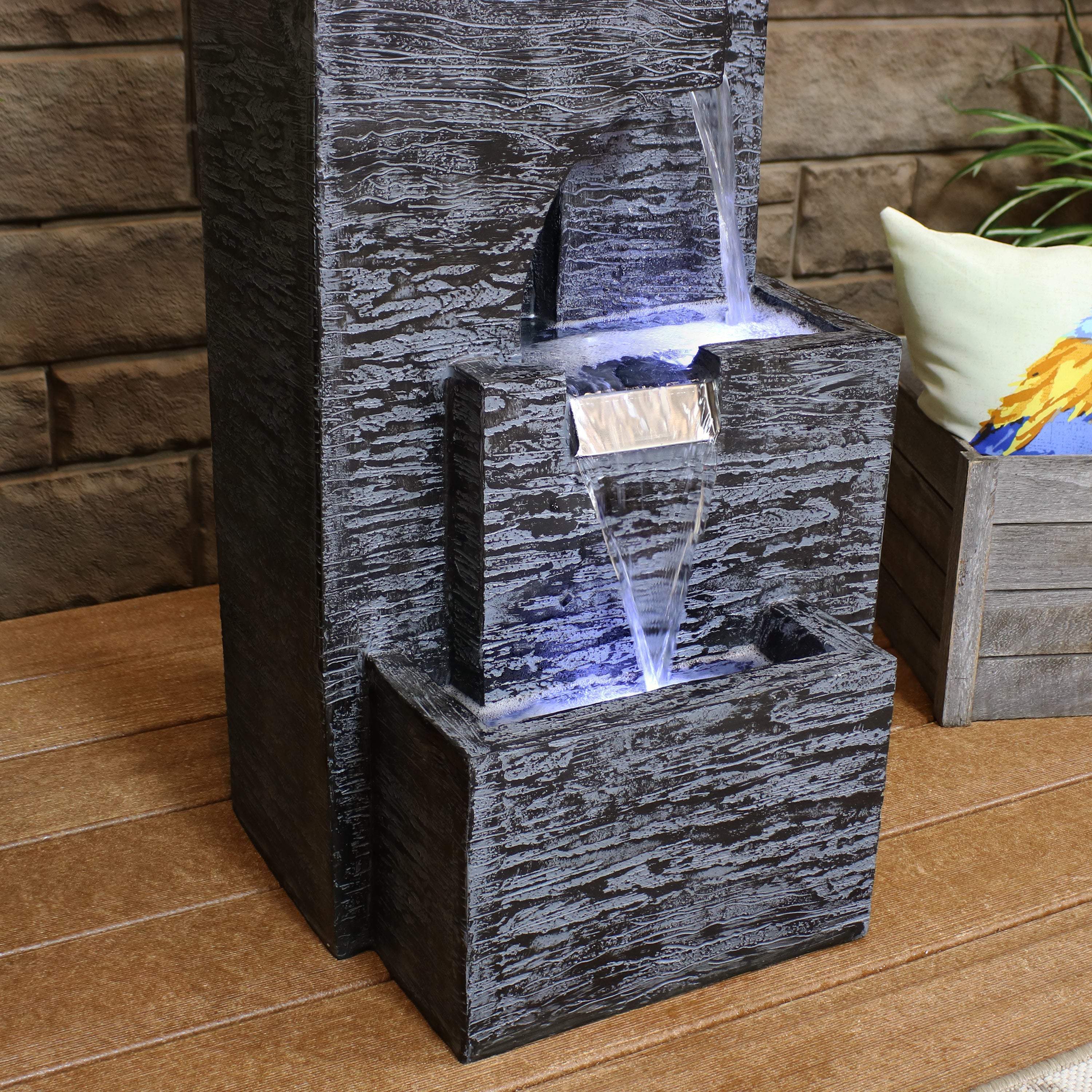Contemporary Cascading Tower Water Fountain with LED Lights & Electric Submersible Pump - 32 Inch Outdoor Garden Decor for Patio, Yard & Landscape Design