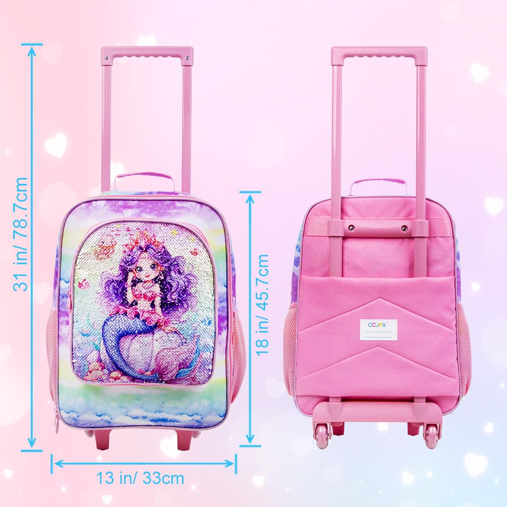 Sparkly Mermaid Rolling Suitcase for Girls - Kids Sequins Luggage with Wheels, Cute Travel Carry-On for Toddler, Preschool & Elementary School - Perfect for Airplane Trips, Sleepovers & Vacation Adventures