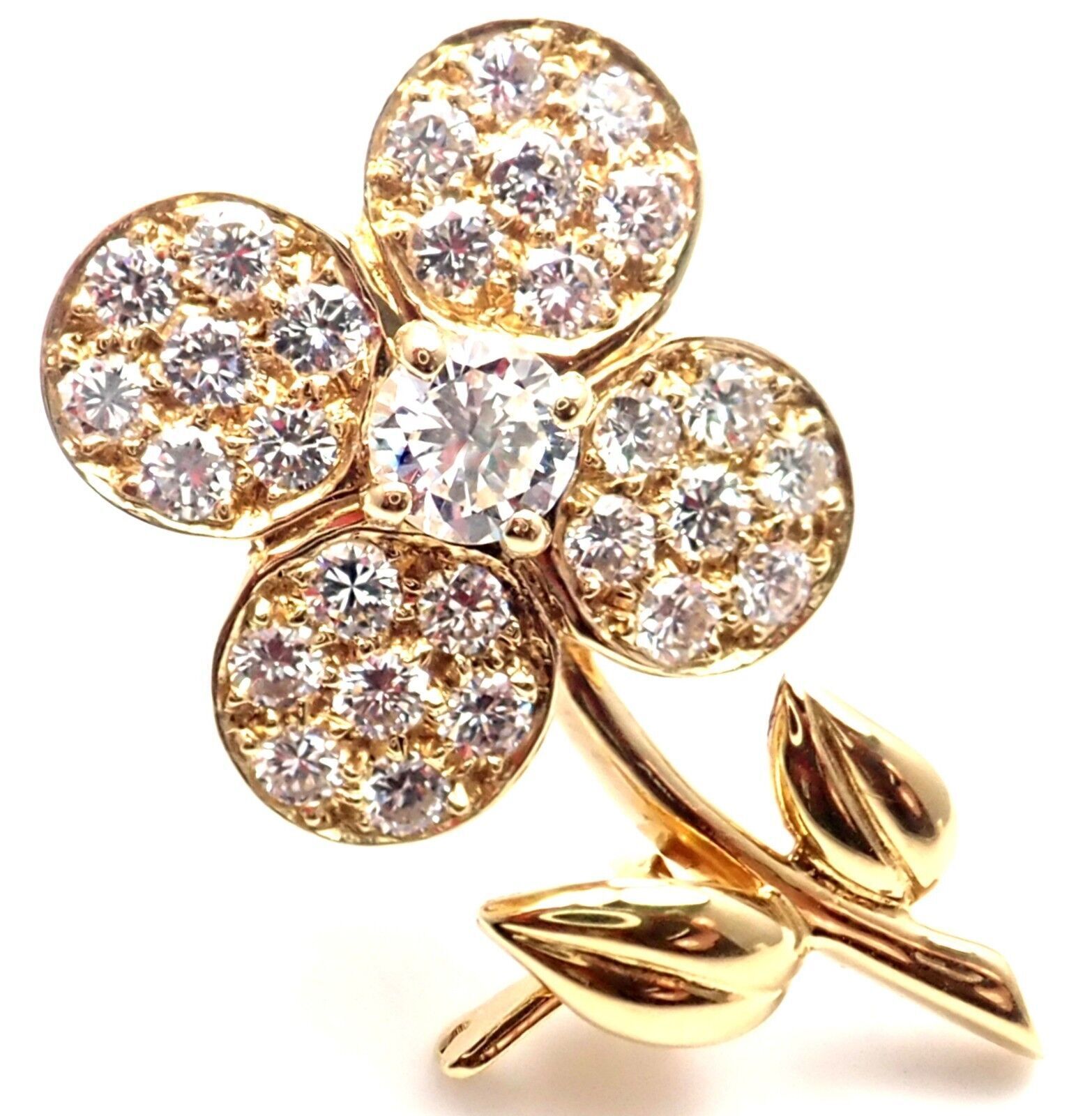 Authentic Van Cleef & Arpels Diamond 18K Yellow Gold Flower Pin Brooch - Vintage Luxury Jewelry for Women - Perfect for Weddings, Parties & Special Occasions