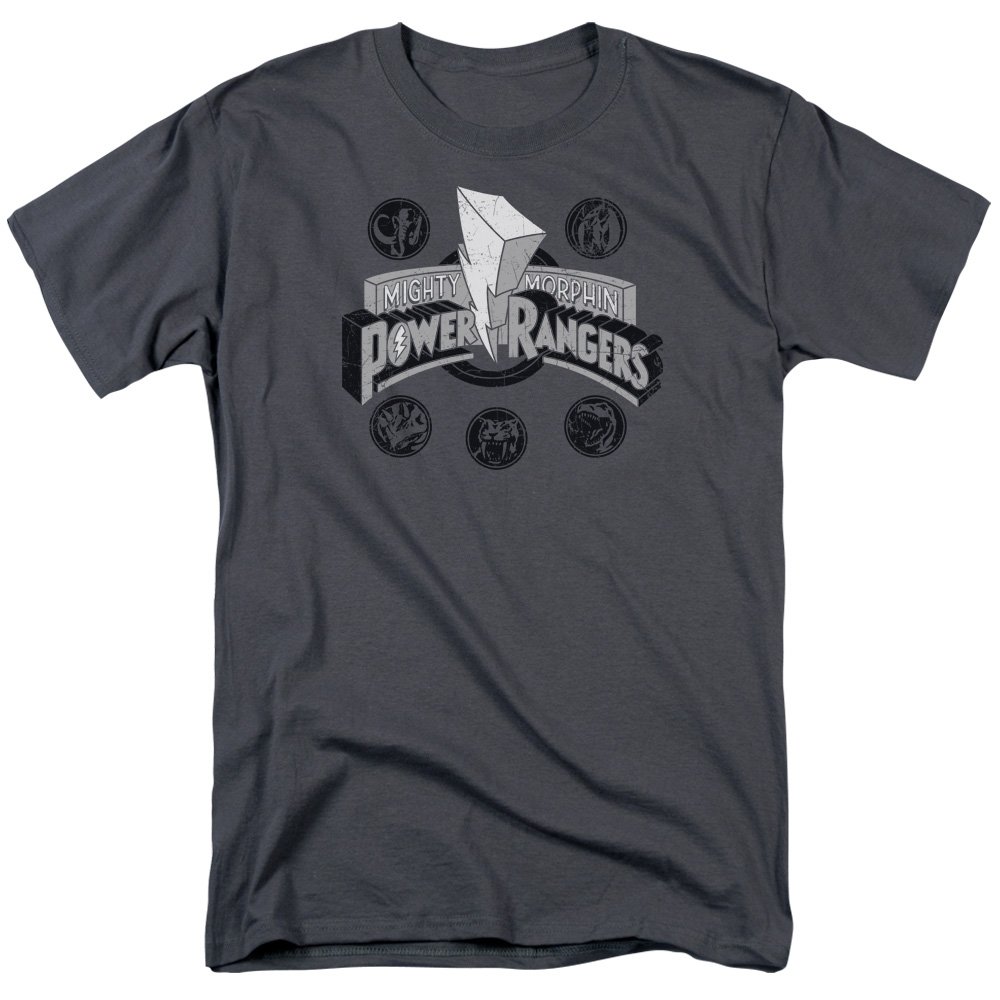 Power Rangers Men's Power Coins Graphic T-Shirt - Charcoal Grey Cotton Tee for Fans & Collectors - Perfect for Cosplay, Comic Con & Everyday Wear