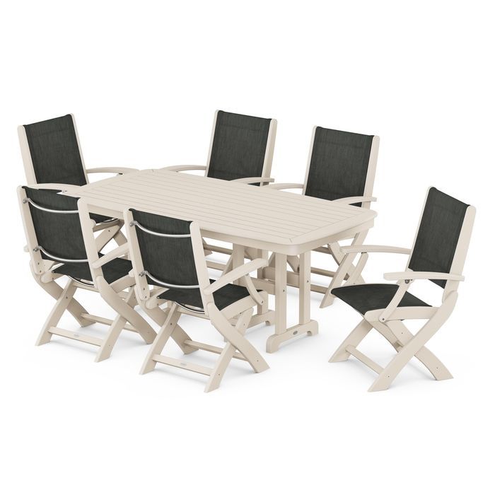 POLYWOOD Coastal Folding Arm Chair 7-Piece Outdoor Dining Set - Perfect for Patio, Deck, Poolside & Beachfront Entertaining