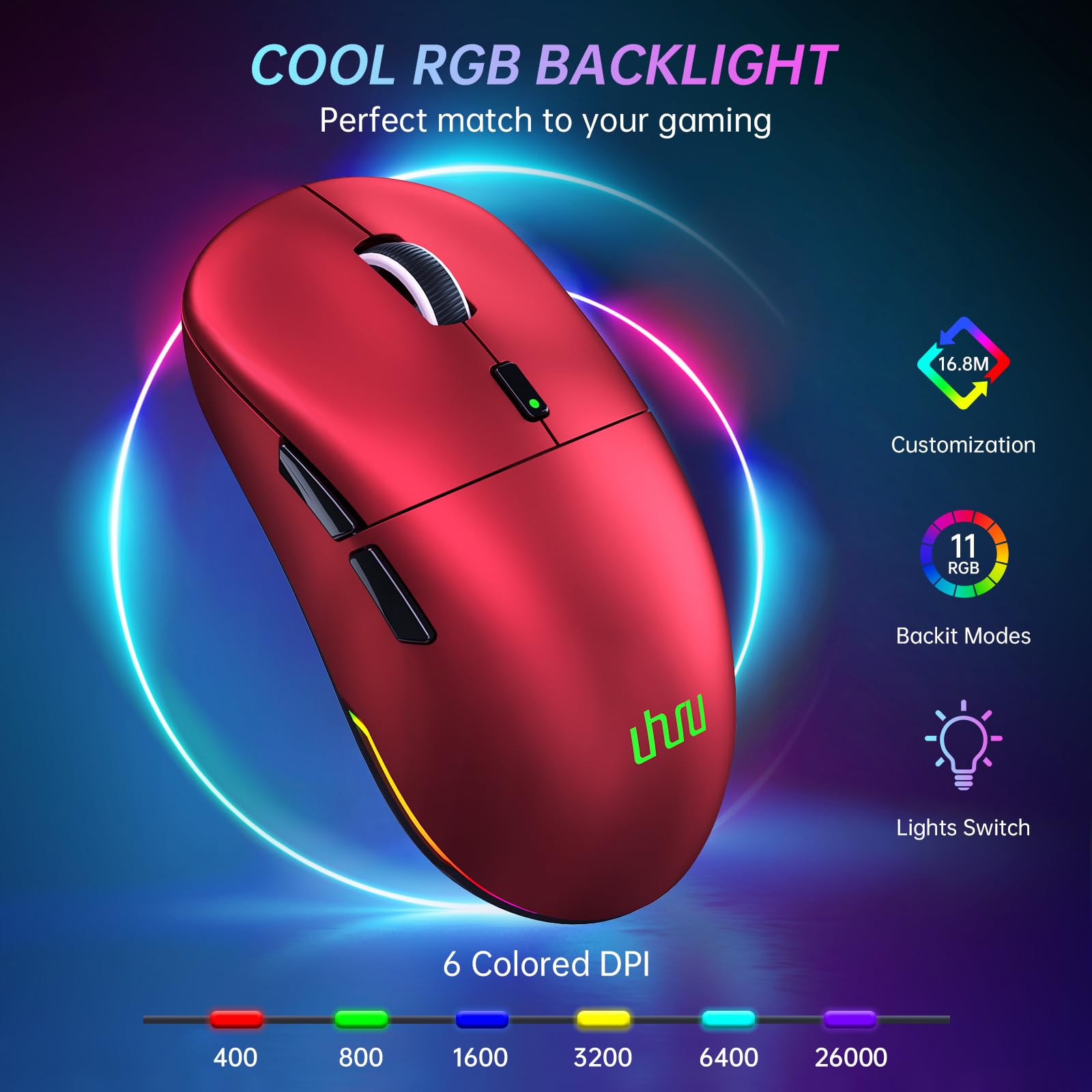 UHURU Wireless Gaming Mouse - 68g Ultra Lightweight RGB Mouse with 26,000 DPI & 6 Programmable Buttons - 70H Rechargeable Battery for PC/Mac (Red, WM-09) - Perfect for FPS, MOBA & Esports Gaming