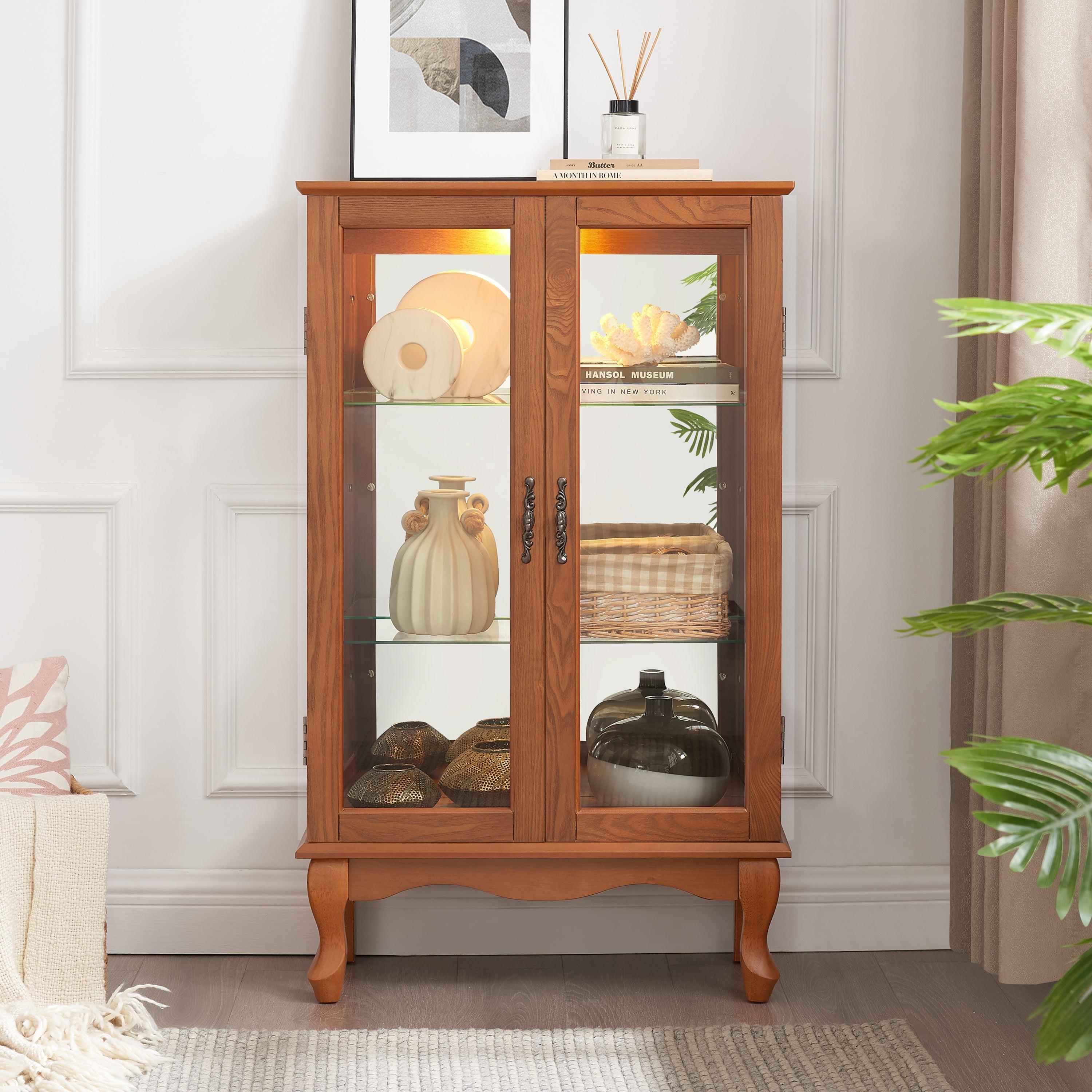 2 Door Curio Cabinet with Tempered Glass & Mirrored Back - LED Lighted Display Case for Living Room, Dining Room, Office - Showcase Collectibles, China, or Decor Items