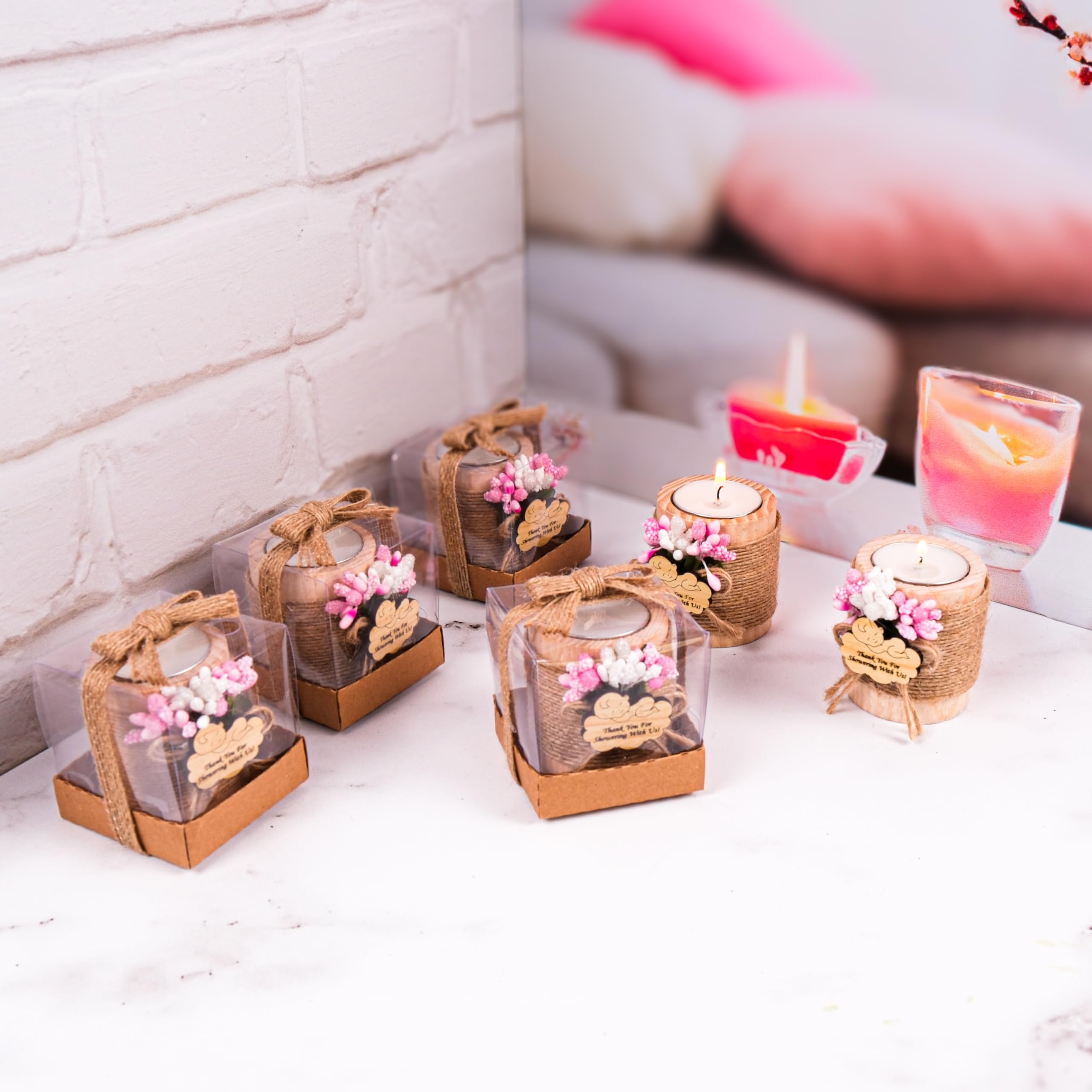 10 Pack Wooden Tealight Candle Holders for Baby Shower Decorations - Pink & Light Brown Baby Shower Gifts, Party Favors, Wedding Centerpieces, Romantic Home Decor
