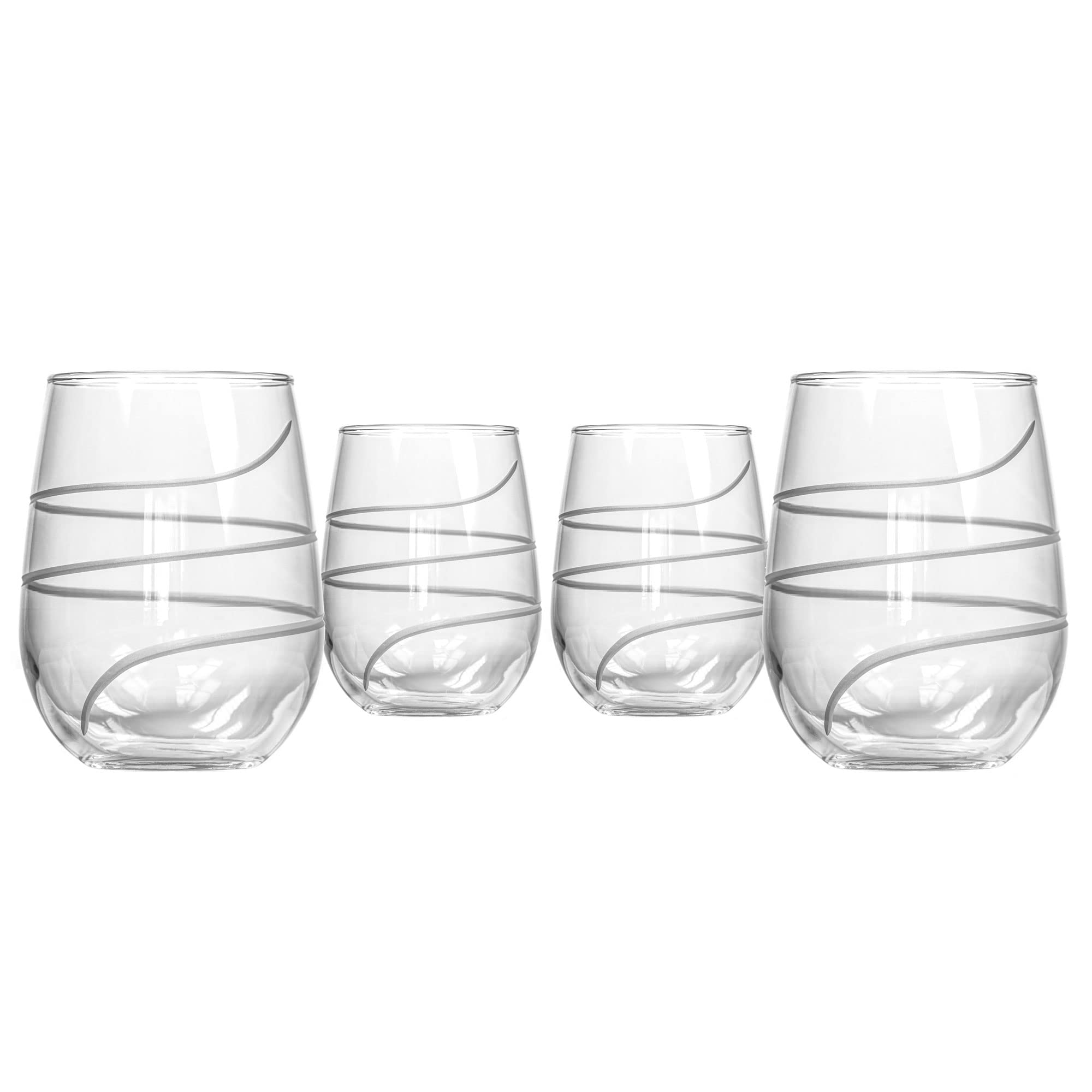 Premium Rolf Glass Twist Stemless Wine Tumbler Set of 4 - 17oz Lead-Free Etched Glasses for Red & White Wine | Made in USA | Elegant for Dinner Parties, Weddings & Home Entertaining