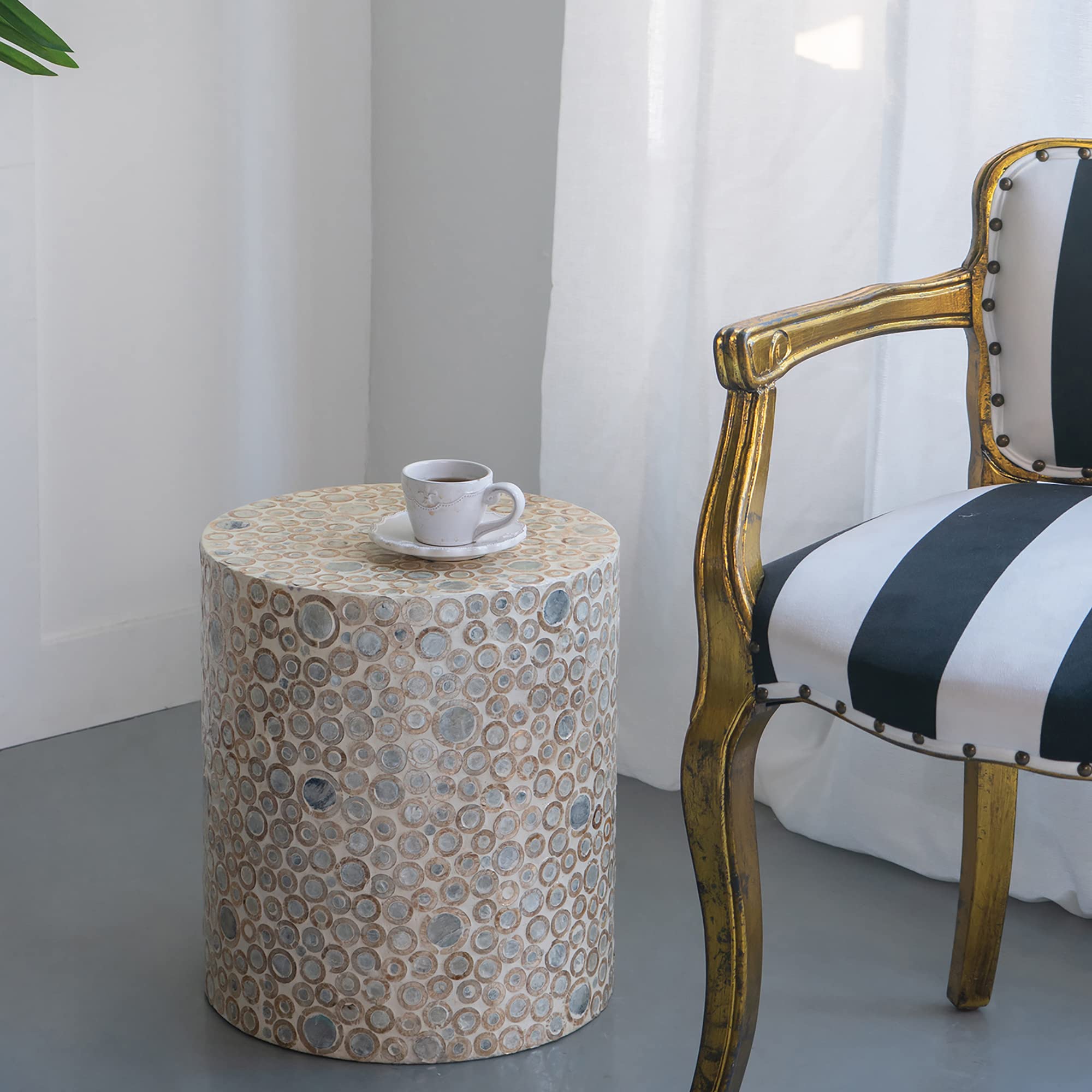 Mother of Pearl End Table - Cream Capiz Stool for Living Room Decor