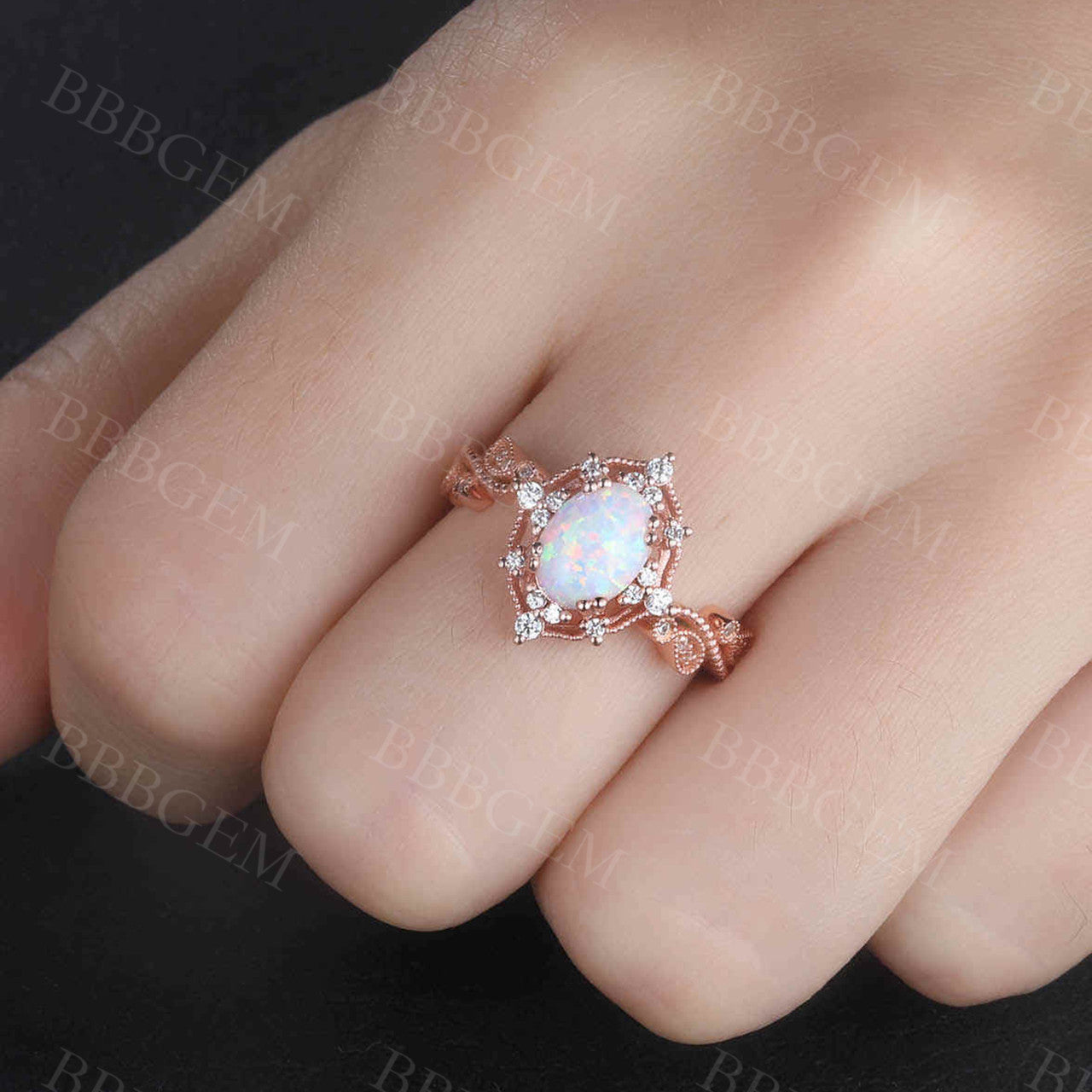 14K Yellow Gold White Opal Engagement Ring with Diamond Accents - Filigree Milgrain Wedding Band for Women, Bridal Jewelry Gift for Her | Perfect for Proposals, Anniversaries & Special Occasions