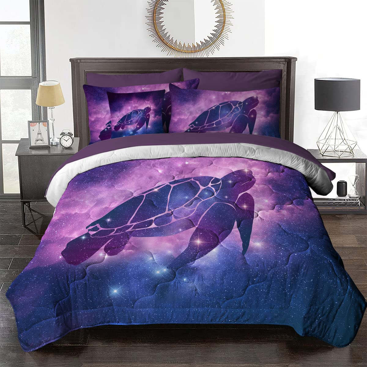 BlessLiving Galaxy Turtle Comforter Set - Queen Size 8-Piece Bed in a Bag, Ultra Soft All-Season Bedding for Boys & Girls, Trippy Space Design in Purple & Blue | Perfect for Kids' Rooms, Teen Bedrooms & Dorm Decor