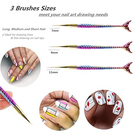 INOG 3-Piece Mermaid Line Nail Art Brush Set - Professional Detailing Brushes for Nail Painting, DIY Manicure & Kids Nail Art | Perfect for Home Salon, Party Nail Designs & Gift Giving