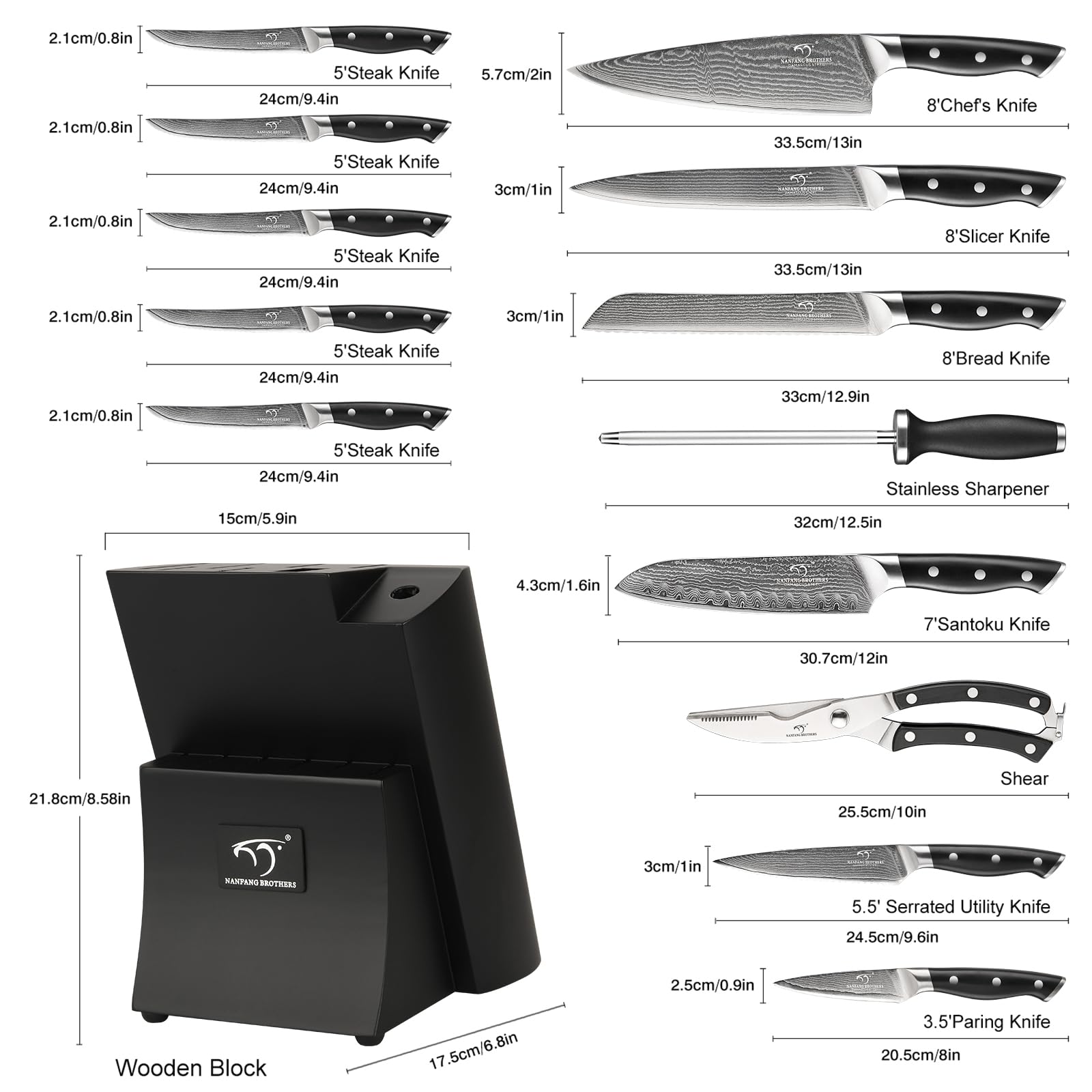 Premium Damascus Steel Kitchen Knife Set - 15-Piece Chef Knife Collection with Wooden Block, Ergonomic ABS Handles, Steak Knives, Knife Sharpener & Shears - Perfect for Home Chefs & Professional Cooking