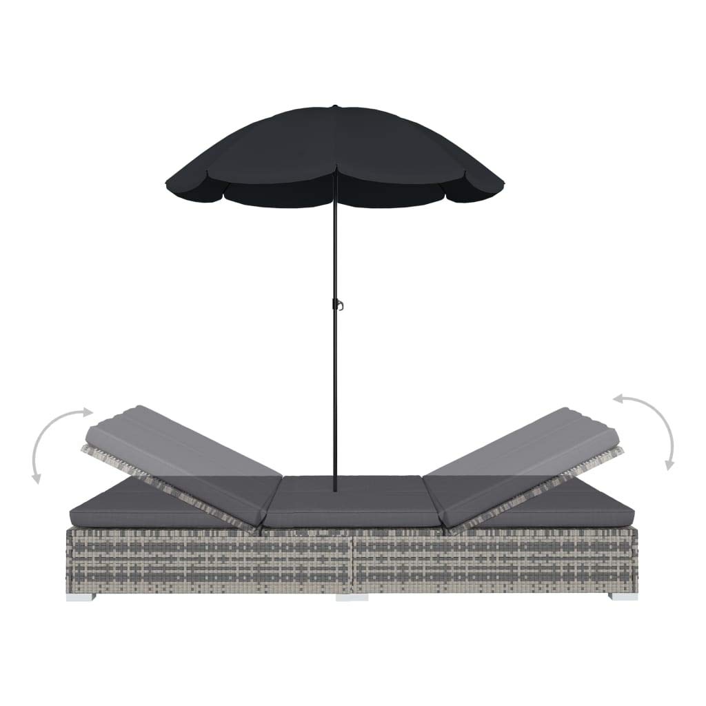 vidaXL Double Chaise Lounge Patio Daybed with Umbrella - Adjustable Outdoor Sun Lounger in Gray Poly Rattan, Waterproof & UV-Resistant - Perfect for Poolside Relaxation, Backyard Lounging, and Outdoor Sunbathing