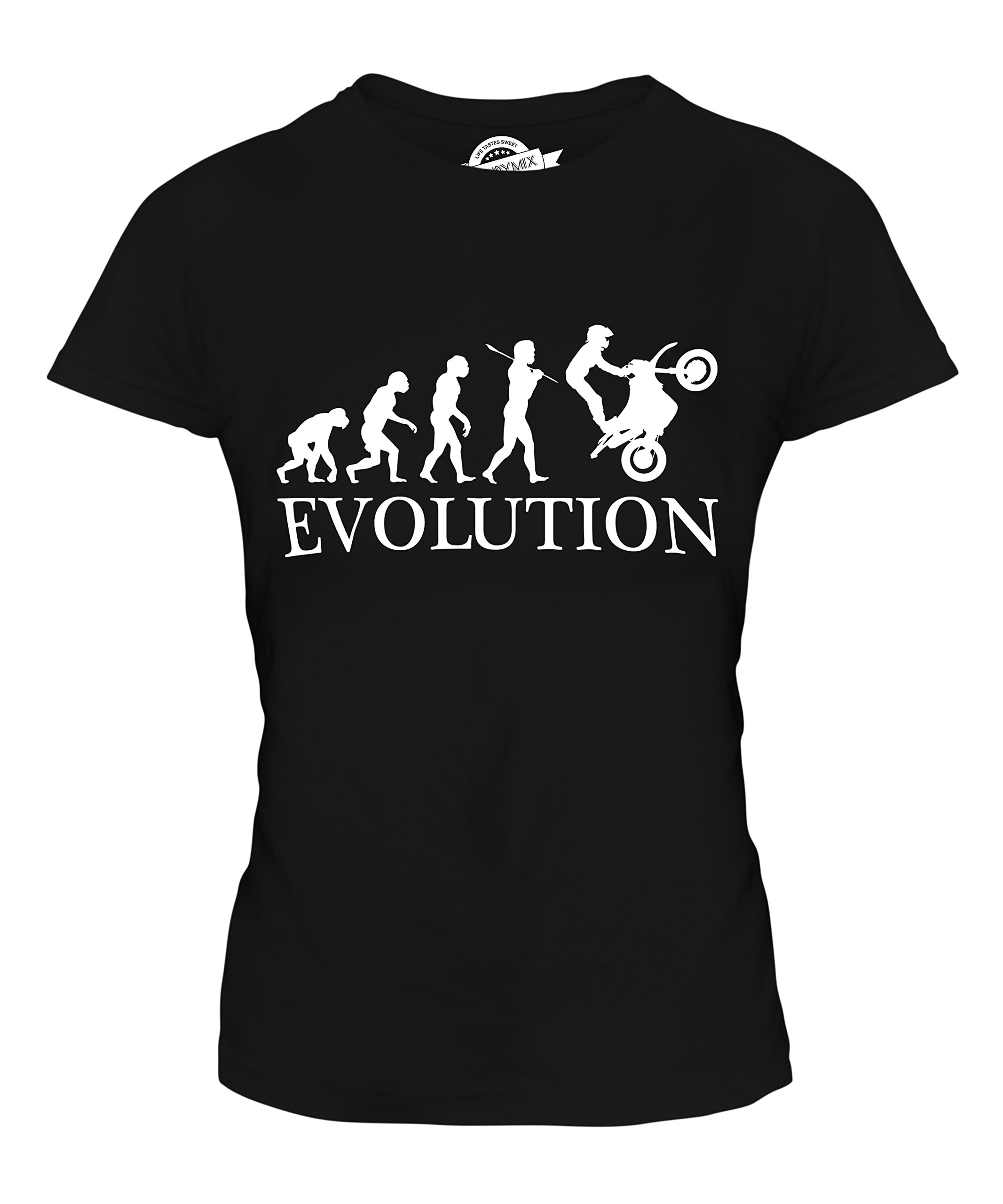 Women's Fitted Motorbike Stunt Rider Evolution of Man T-Shirt - Stylish Graphic Tee for Bikers, Motorcycle Enthusiasts & Casual Wear
