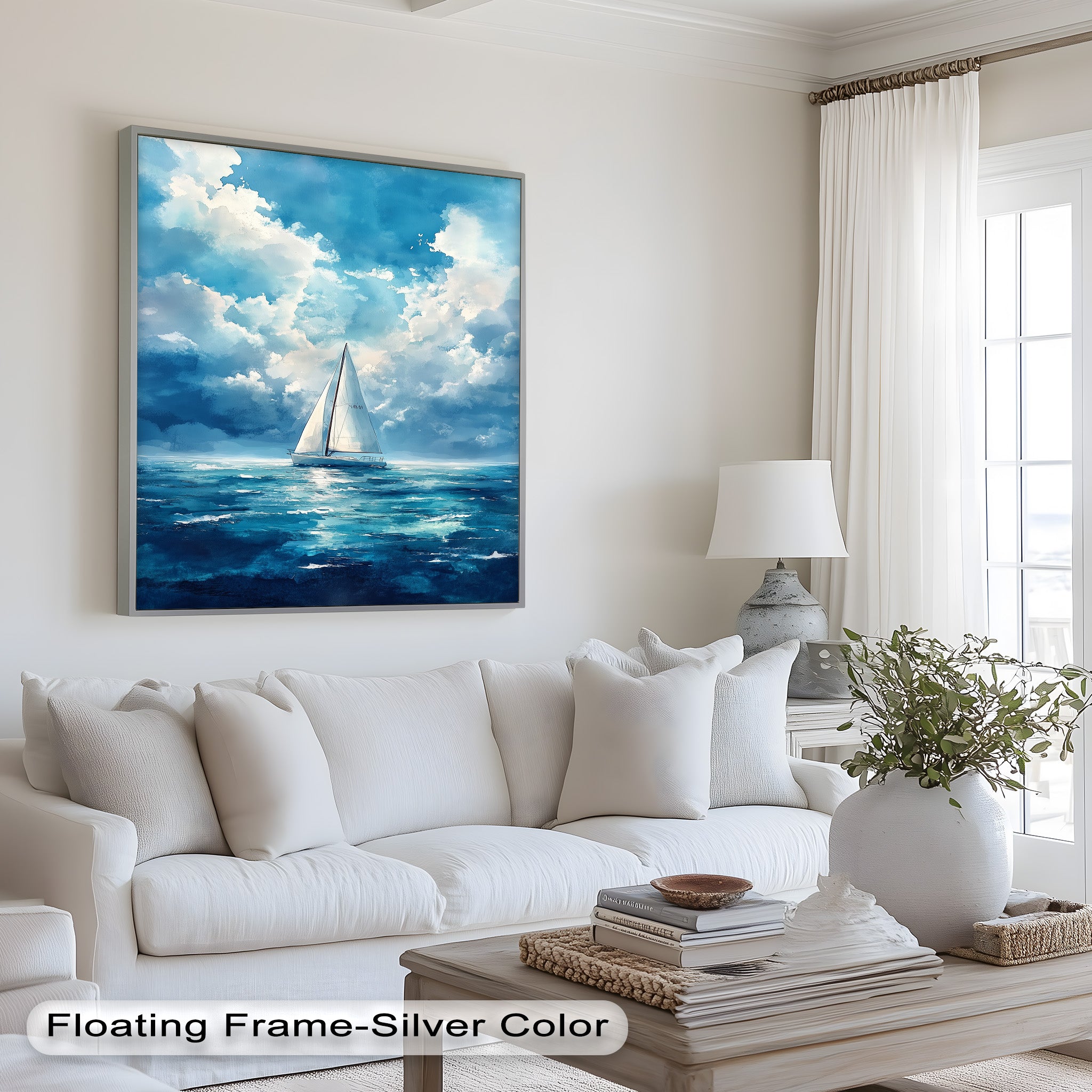 Blue Sky White Sailboat Oil Painting - Handmade Nautical Wall Art for Living Room, Bedroom & Office Decor