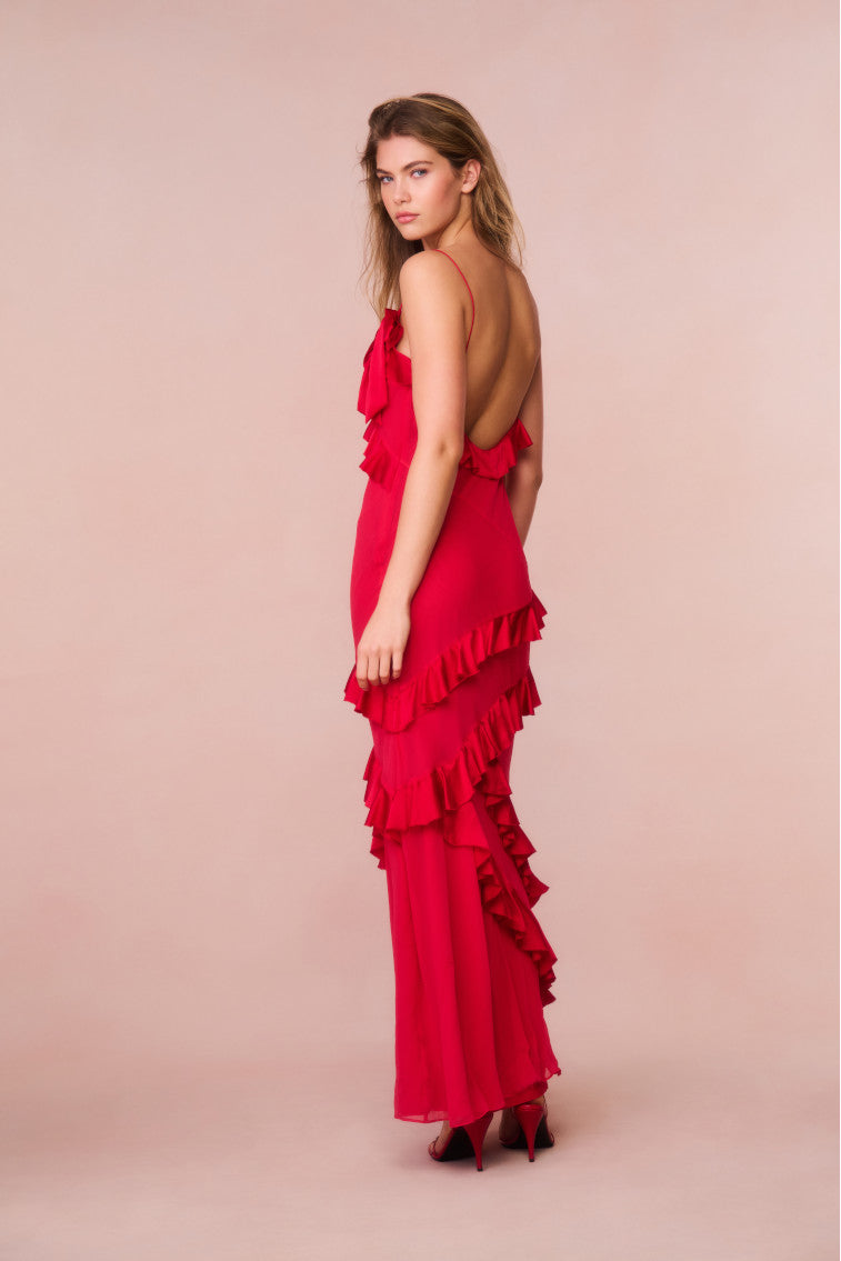 Elegant Rialto Silk Chiffon Ruffle Maxi Dress for Women - Flowy Summer Evening Gown for Weddings, Parties & Special Occasions