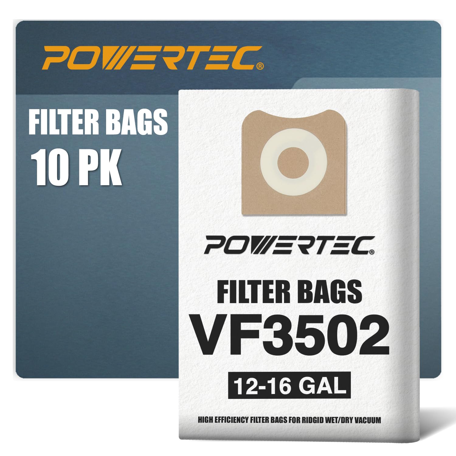 POWERTEC 23743 VF3502 Size A Shop Vacuum Bags - 10 Pack for Ridgid 12-16 Gallon Wet/Dry Vacuums (HD1200, HD1400, 75002-P5V) | Heavy Duty Dust Collection for Woodworking, Construction & Home Cleaning