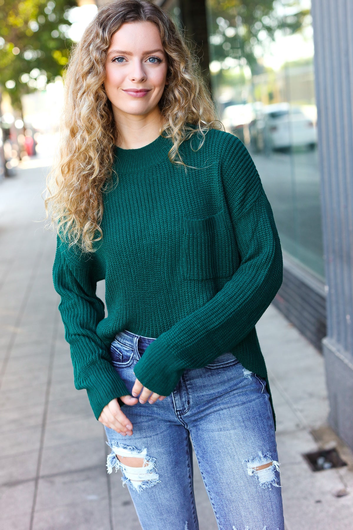 Stylish Hunter Green Mock Neck Knit Sweater with Chest Pocket - Cozy Winter Wear for Women | Perfect for Casual Outings & Office Attire