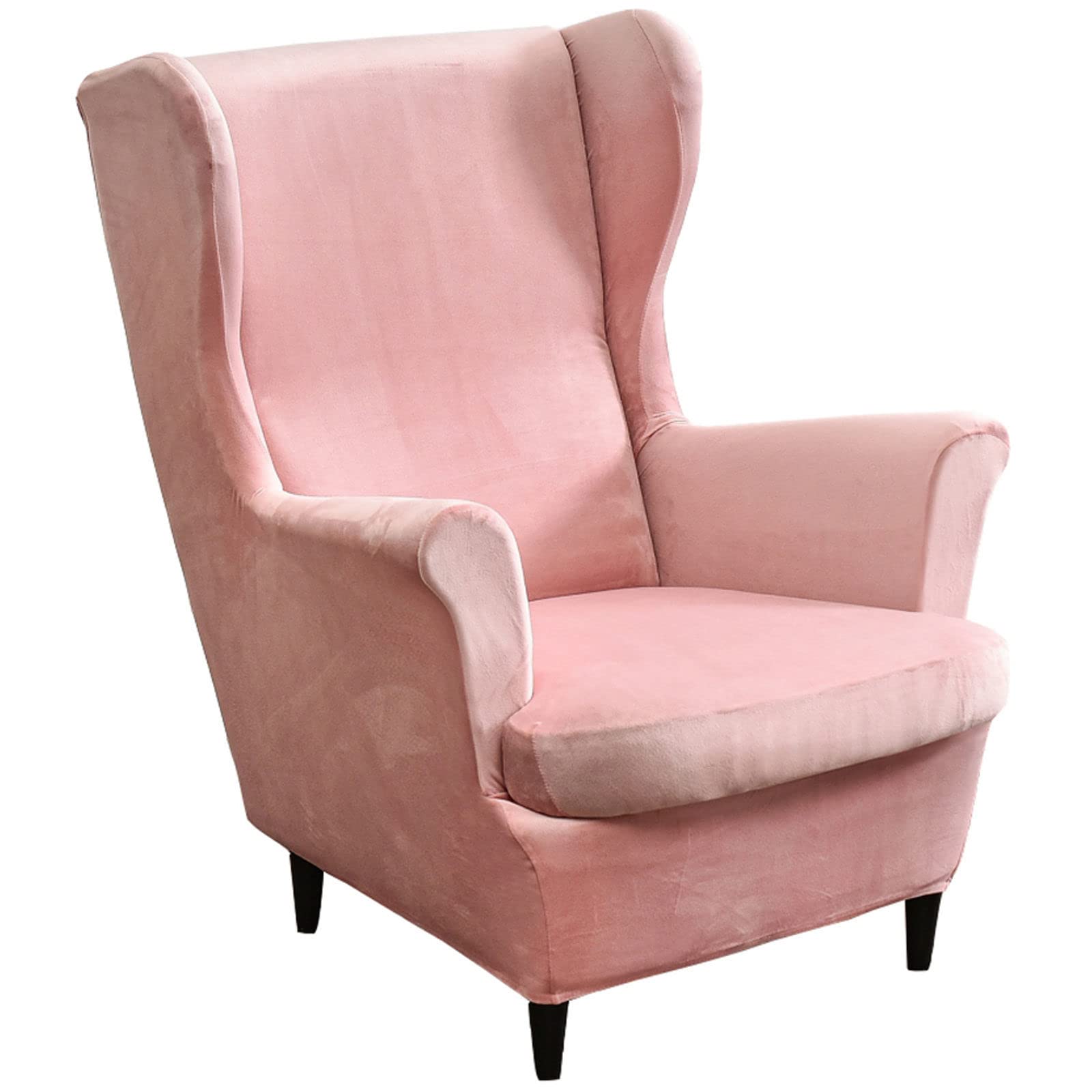 Velvet Stretch Wing Chair Slipcover - 2 Piece Wingback Chair Cover with Elastic Bottom, Soft Armchair Protector for Living Room, Bedroom, Office - Pink Wing Chair Slipcover for Home Decor & Comfort
