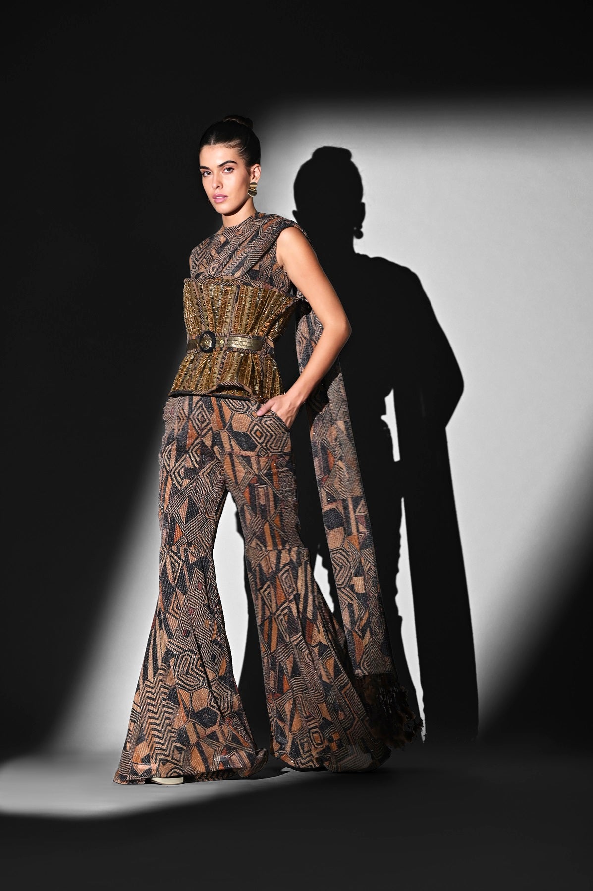 Brown Geometric Print Bodysuit and Pant Set with Attached Drape - Stylish Women's Outfit for Casual Wear, Date Night & Special Occasions