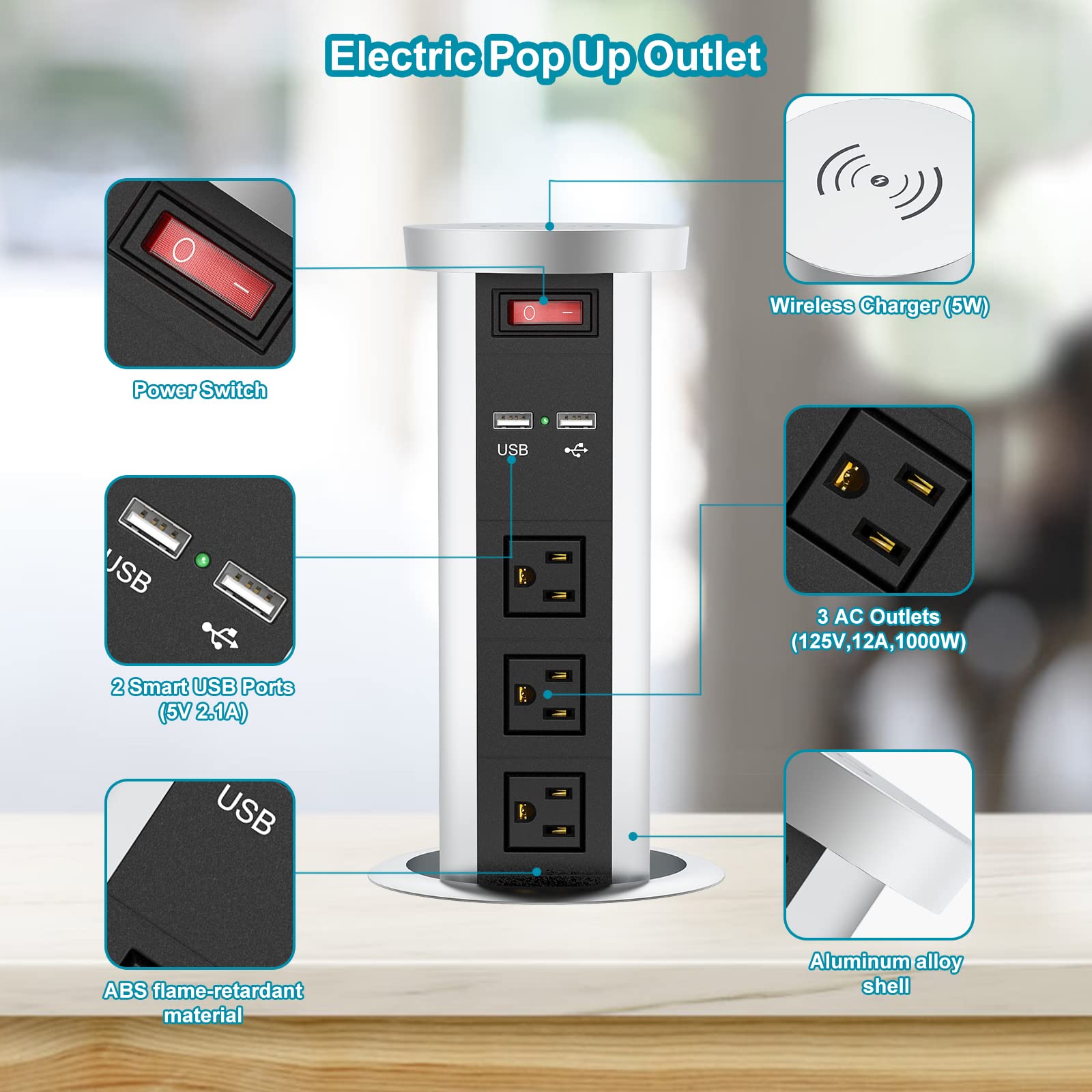 QBA Pop Up Outlet for Countertop - 3 AC Outlets, 2 USB Ports & Wireless Charger | Recessed Hidden Power Outlet for Kitchen Island, Conference Table, Office Desk | Silver Black Modern Design