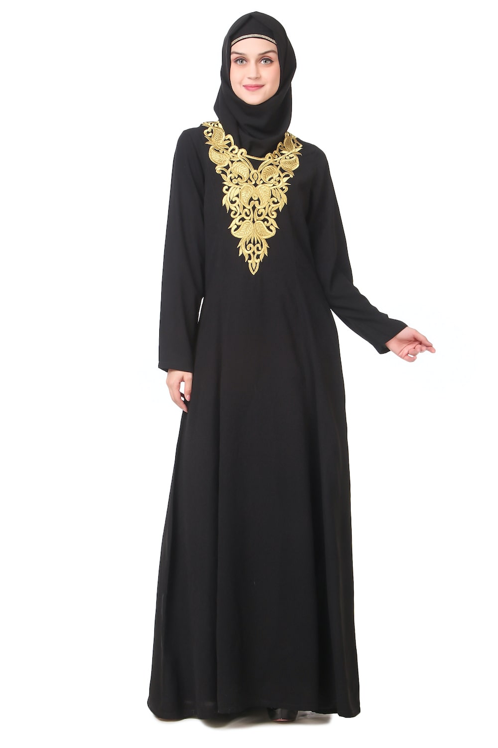 Elegant Gold Embroidered Abaya Dress for Women - Perfect for Weddings, Parties & Special Occasions