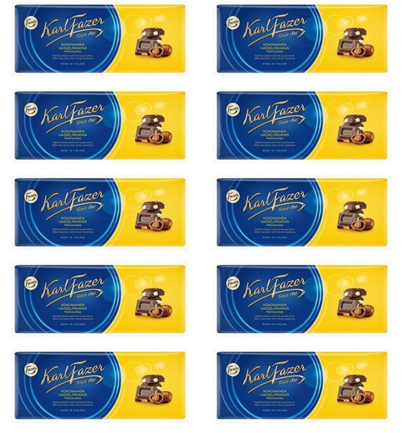 Fazer Karl Fazer Milk Chocolate with Whole Hazelnuts - 10 Bars (200g Each) - Perfect for Gifts, Snacking & Dessert Toppings