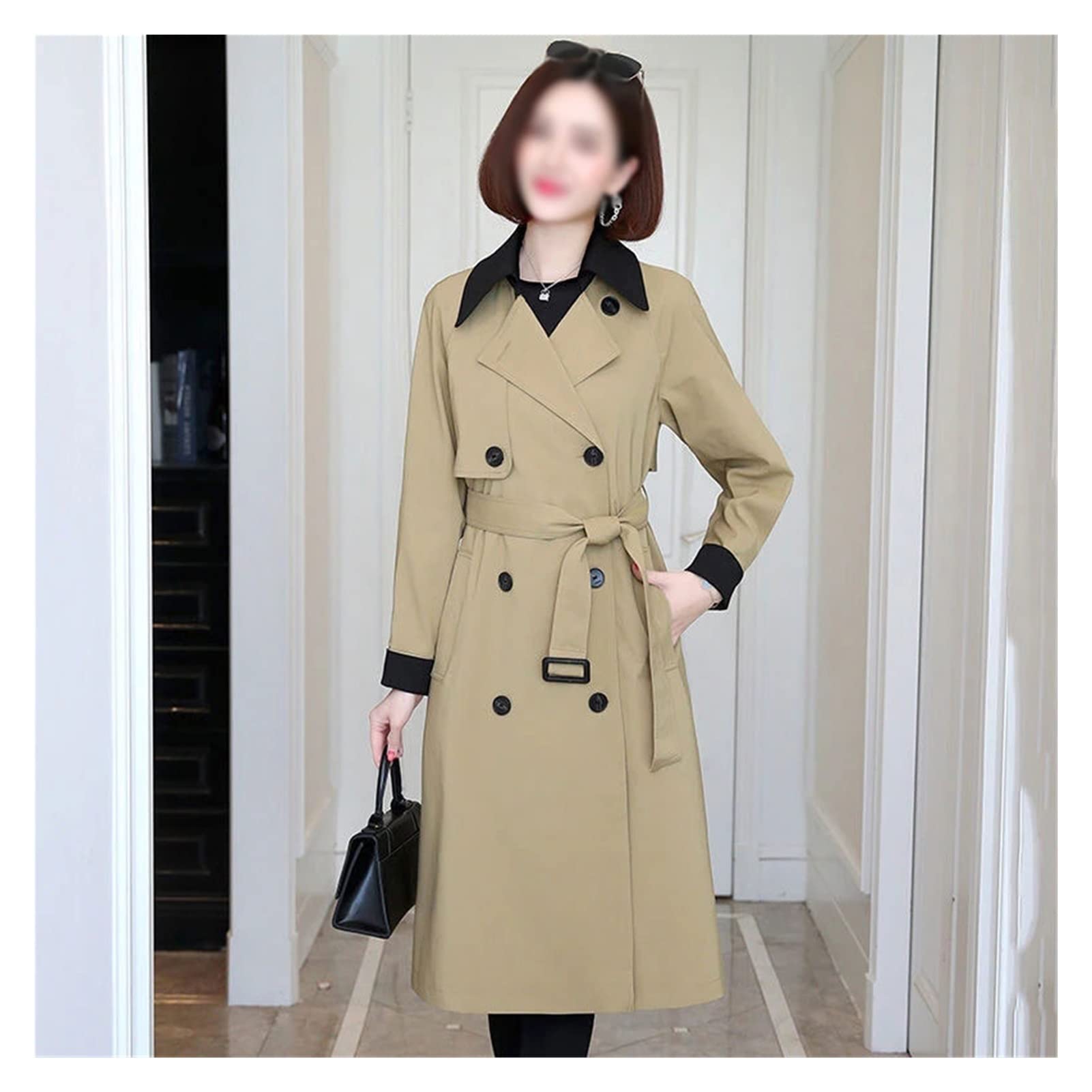 Women's Spring Trench Coat - Double-Breasted Slim Fit Long Windbreaker Jacket (Khaki, XL) | English Style Outerwear for Work & Casual Wear