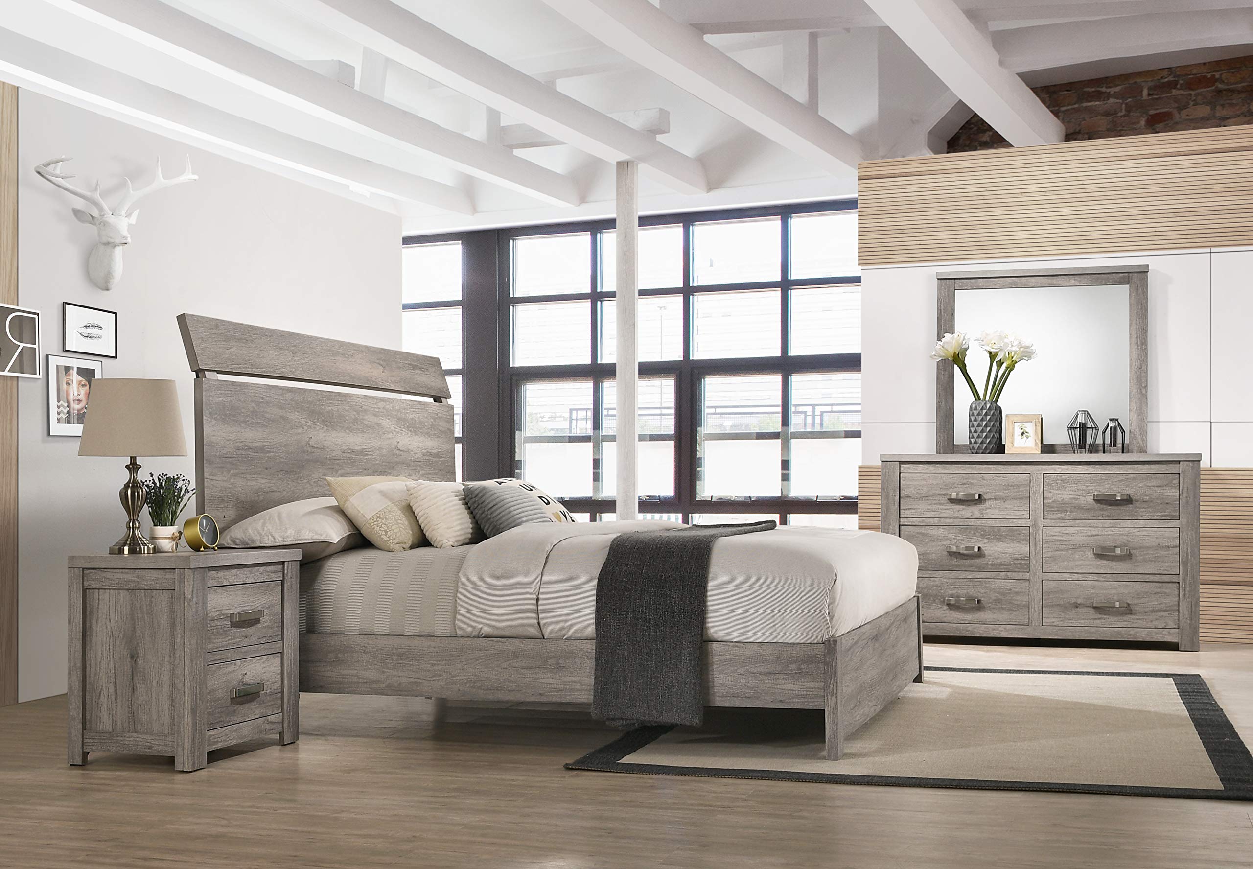 Roundhill Furniture Floren Contemporary Weathered Gray Wood Queen Bedroom Set - Panel Bed, Dresser, Mirror, Nightstand & Chest | Modern Farmhouse Style for Cozy Bedroom Decor