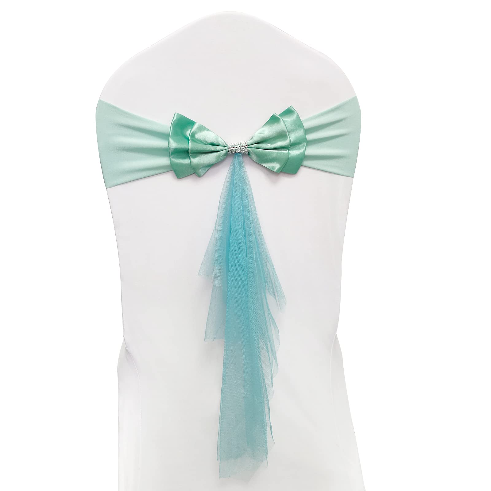 Elegant Tiffany Blue Spandex Chair Sash - Stretchy Elastic Band with Double Bows for Wedding, Party, Reception & Banquet Decor - Pack of 60 Floating Organza Sashes - Perfect for Table Setting, Bridal Shower & Event Styling