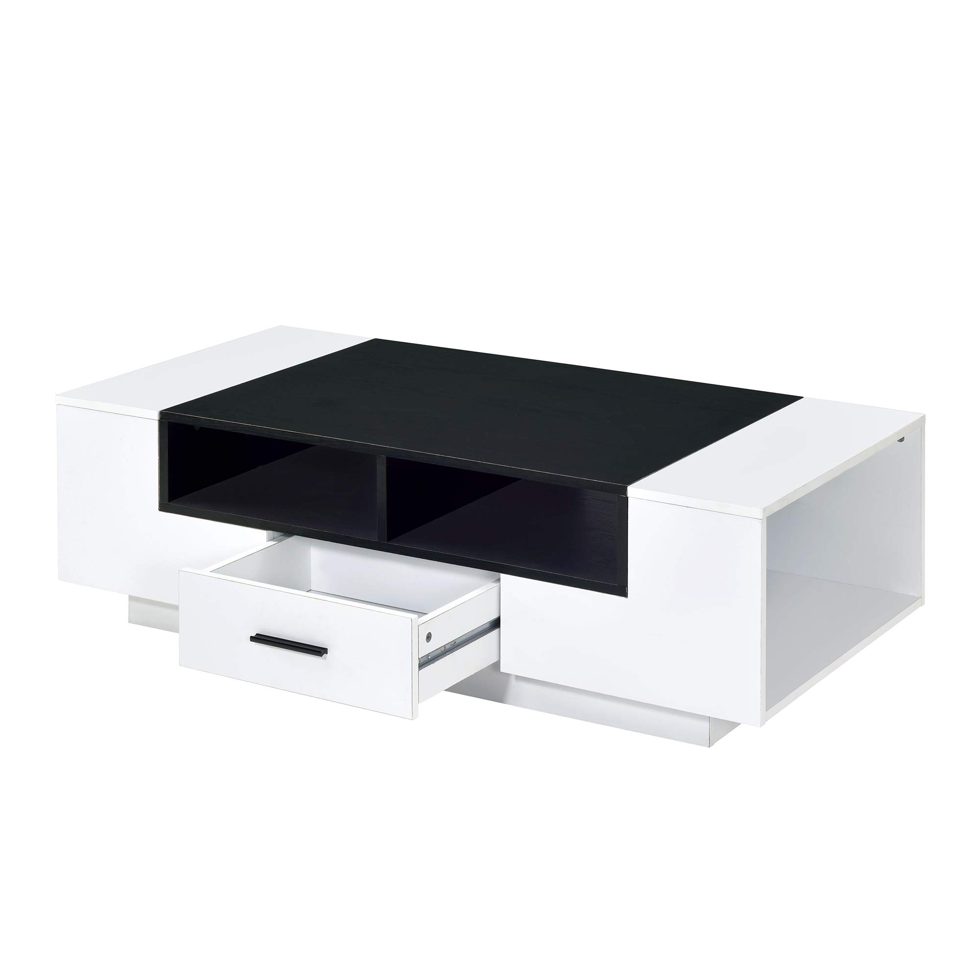 Benjara Modern White and Black Coffee Table with Drawer & Open Storage Shelf - Perfect for Living Room, Office, or Lounge Area