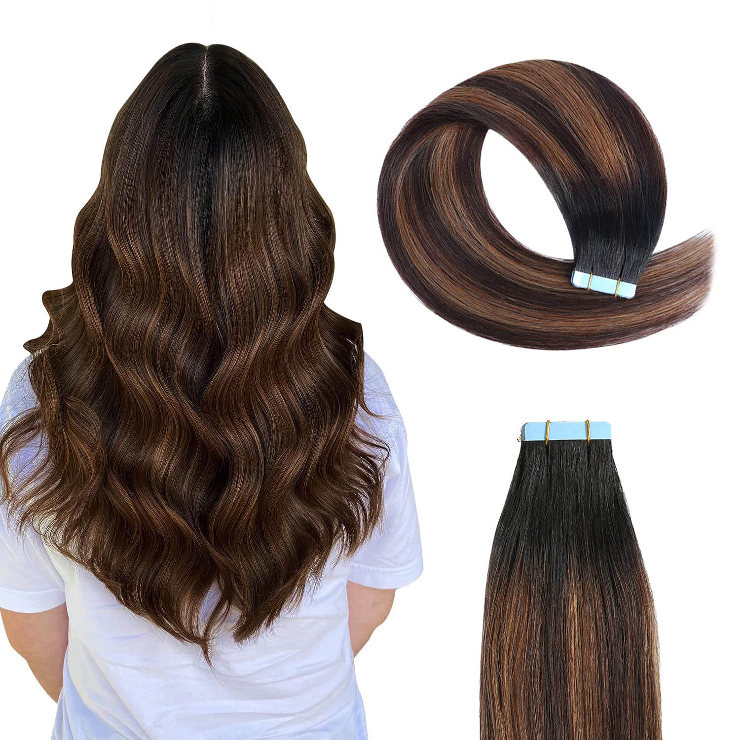 Sunya 16-Inch Tape in Hair Extensions - Silky Straight Remy Human Hair, Seamless Skin Weft, Real Human Hair Extensions (20g, 10Pcs/Pack, #P2/6/T1B) - Perfect for Daily Wear, Parties & Special Occasions