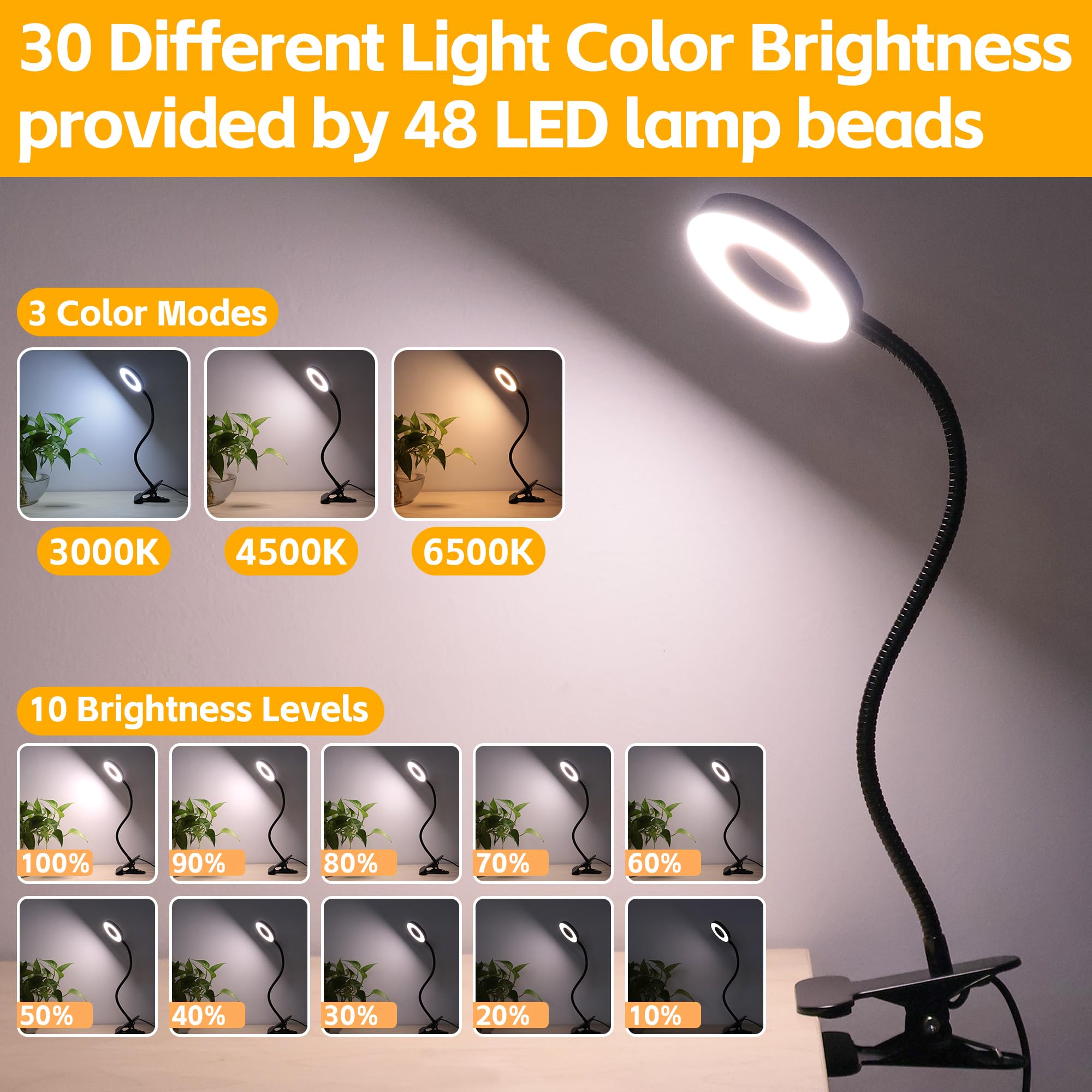 Foneso 48 LED USB Clip On Desk Lamp - 3 Color Modes & 10 Brightness Levels, 360° Adjustable Gooseneck Eye Protection Light for Reading, Studying, Makeup, Office Work, and Nightstand Use