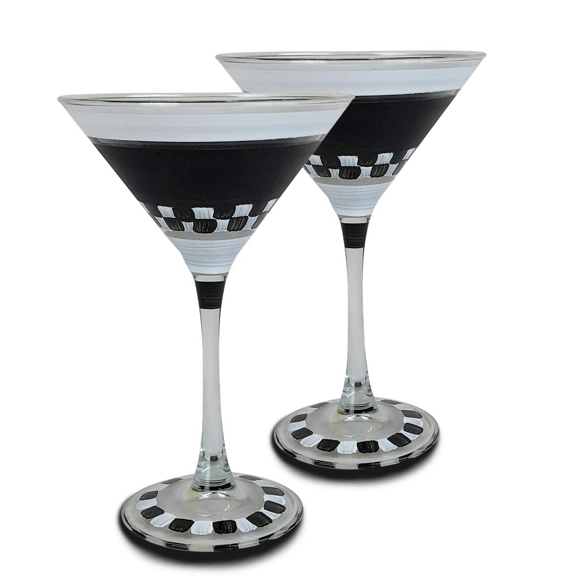 Hand Painted Martini Glasses Set of 2 - Black & White Checkered Chalkboard Design - Unique Painted Glassware by US Artists - Customizable with Chalk - Perfect for Cocktail Parties, Home Bars & Wedding Gifts