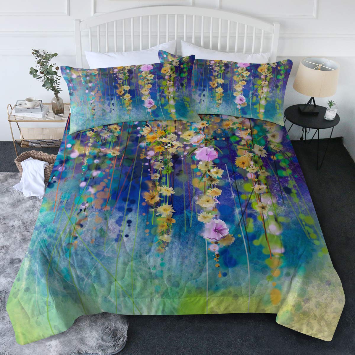 BlessLiving 3 Piece Watercolor Floral Comforter Set with Pillow Shams - Reversible Nature Painting Bedding Full/Queen Size - Soft 3D Printed Design, Machine Washable - Perfect for Master Bedroom, Guest Room & Dorm Decor