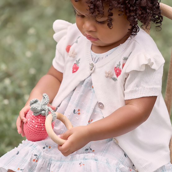Scarlett the Strawberry Handmade Crocheted Wooden Baby Ring Rattle Toy - Perfect for Newborns, Infants & Toddlers - Cute Sensory Toy for Playtime, Teething & Early Learning