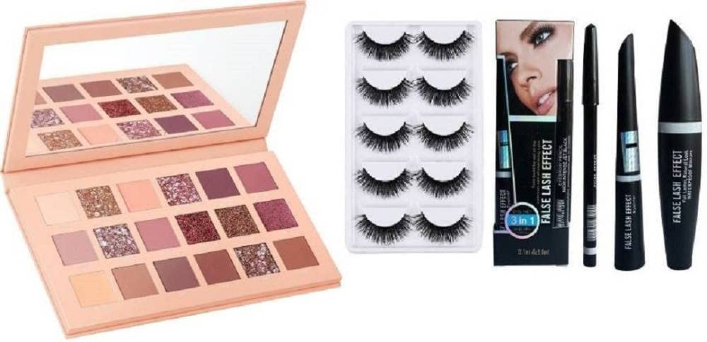 Fozzby Complete Eye Makeup Kit - Eyeshadow Palette, Black Eyebrow Pencil, Liquid Eyeliner, Mascara & 5 Pairs False Eyelashes (9-Piece Set) for Party, Wedding & Daily Makeup Looks