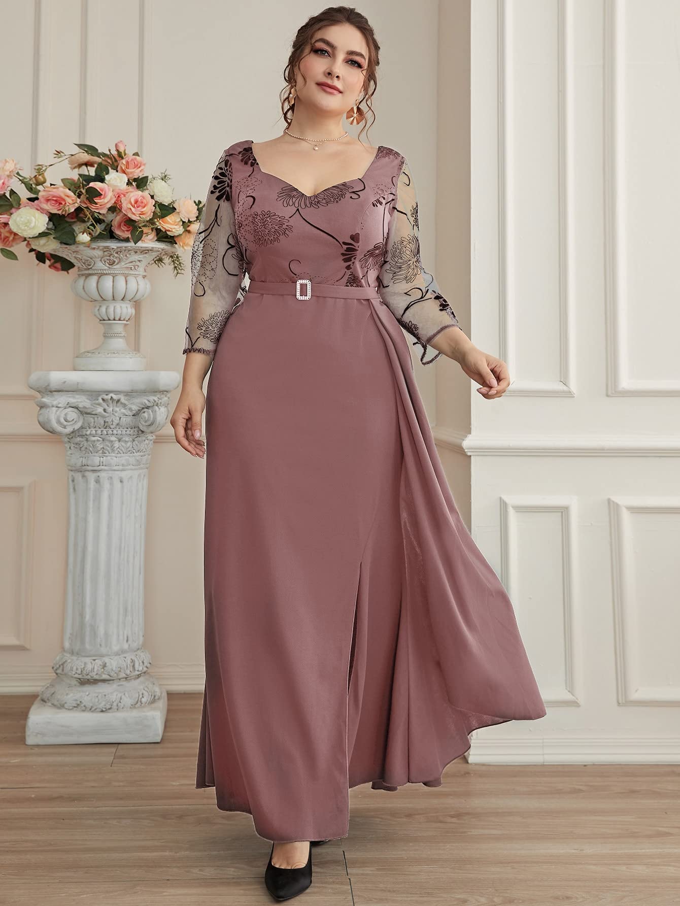 Plus Size Floral Mesh Sweetheart Neck Rhinestone Dress for Women - Elegant Long Sleeve Maxi Dress in Dusty Pink (4X-Large) | Perfect for Weddings, Parties & Special Occasions