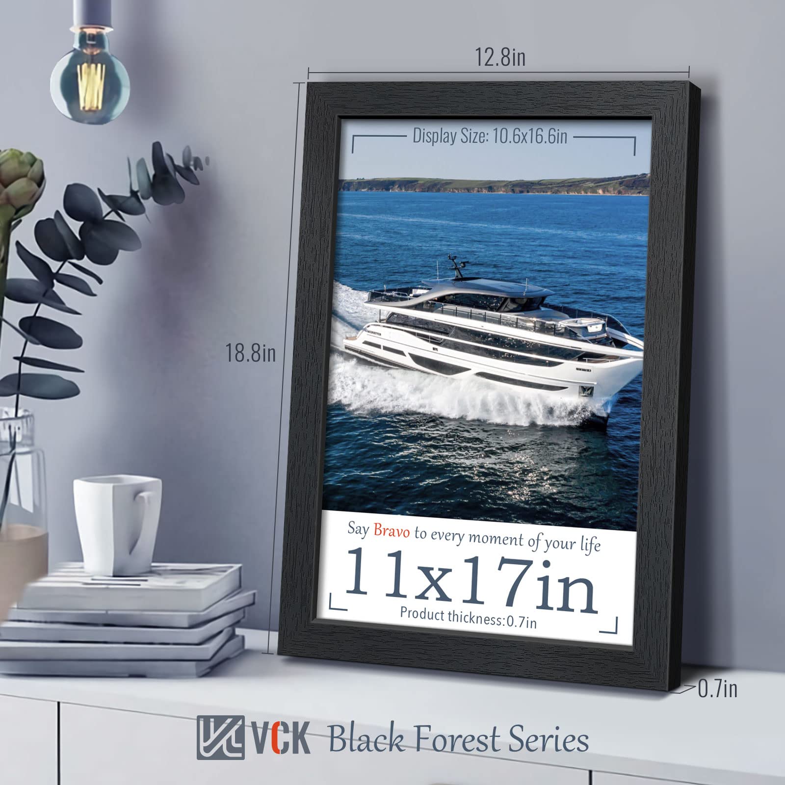 VCK 11x17 Poster Frame Set of 4 - Black Solid Wood Picture Frames with Premium Woodgrain Texture - Wall Gallery Frames for Home Decor, Office Art Display & Photo Collage