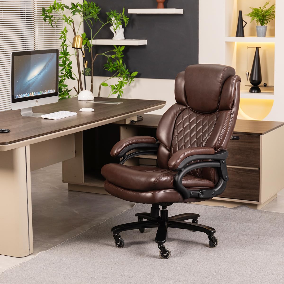 500lbs Heavy Duty Executive Office Chair for Big and Tall People - Adjustable Headrest, 360° Swivel & Reinforced Casters - Ergonomic Computer Desk Chair for Home & Office (Brown) - Perfect for Long Work Hours & Comfortable Workspaces