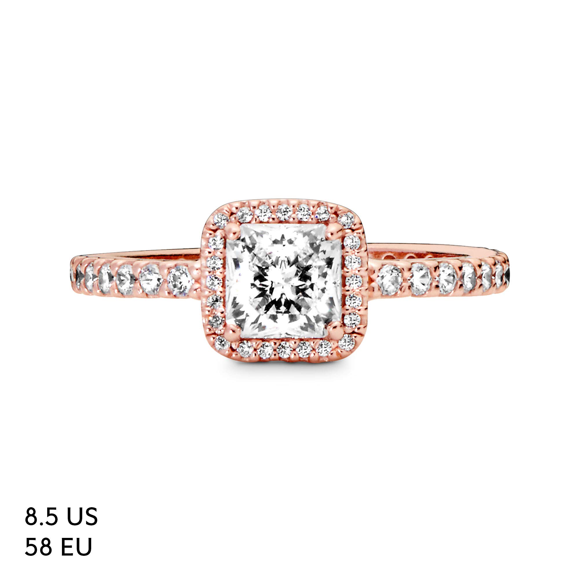 PANDORA Rose Gold Square Sparkle Halo Cubic Zirconia Ring for Women - Elegant Wedding, Anniversary & Evening Party Jewelry Gift