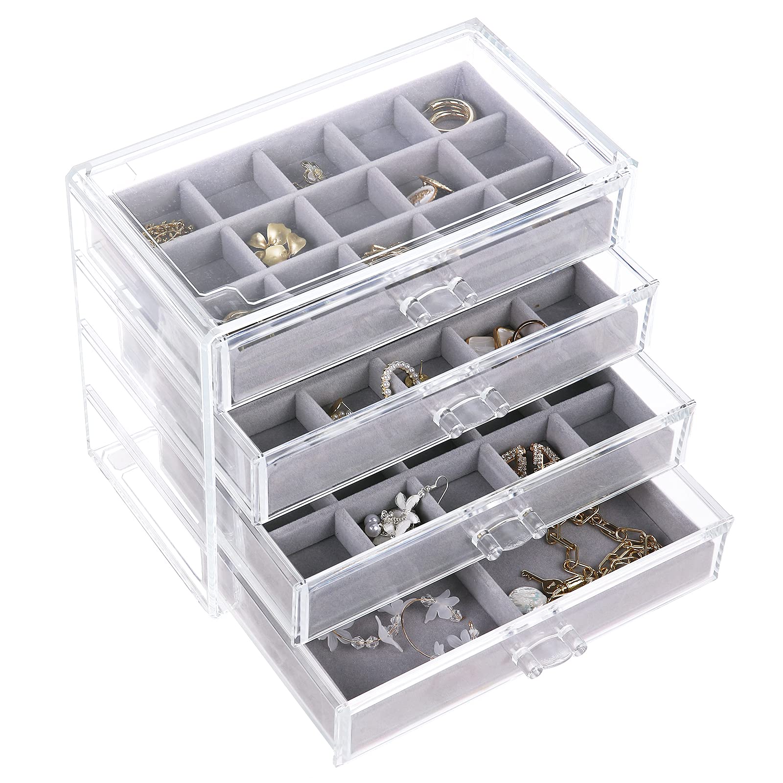 Misaya 4-Drawer Acrylic Jewelry Organizer with Clear Velvet Inserts - Large Earring, Ring & Jewelry Storage Box - Perfect for Birthday & Christmas Gifts - Ideal for Bedroom Vanity, Closet Organization & Travel Jewelry Case