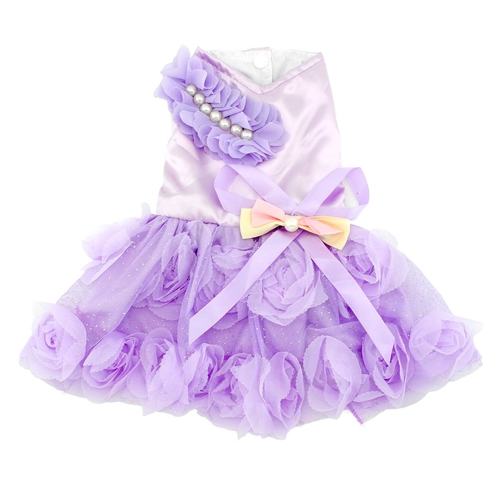 Small Dog Wedding Dress with Bowknot - Satin Rose Pearls Formal Pet Dress for Cats & Dogs - Birthday Party Costume in Purple Violet (Medium) | Perfect for Weddings, Birthday Parties & Special Occasions