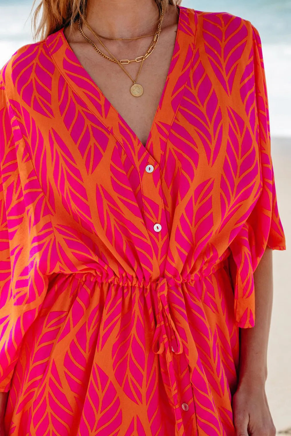 Stylish Printed V Neck Maxi Dress with Drawstring Waist - Perfect for Beach Vacations, Summer Parties & Casual Outings
